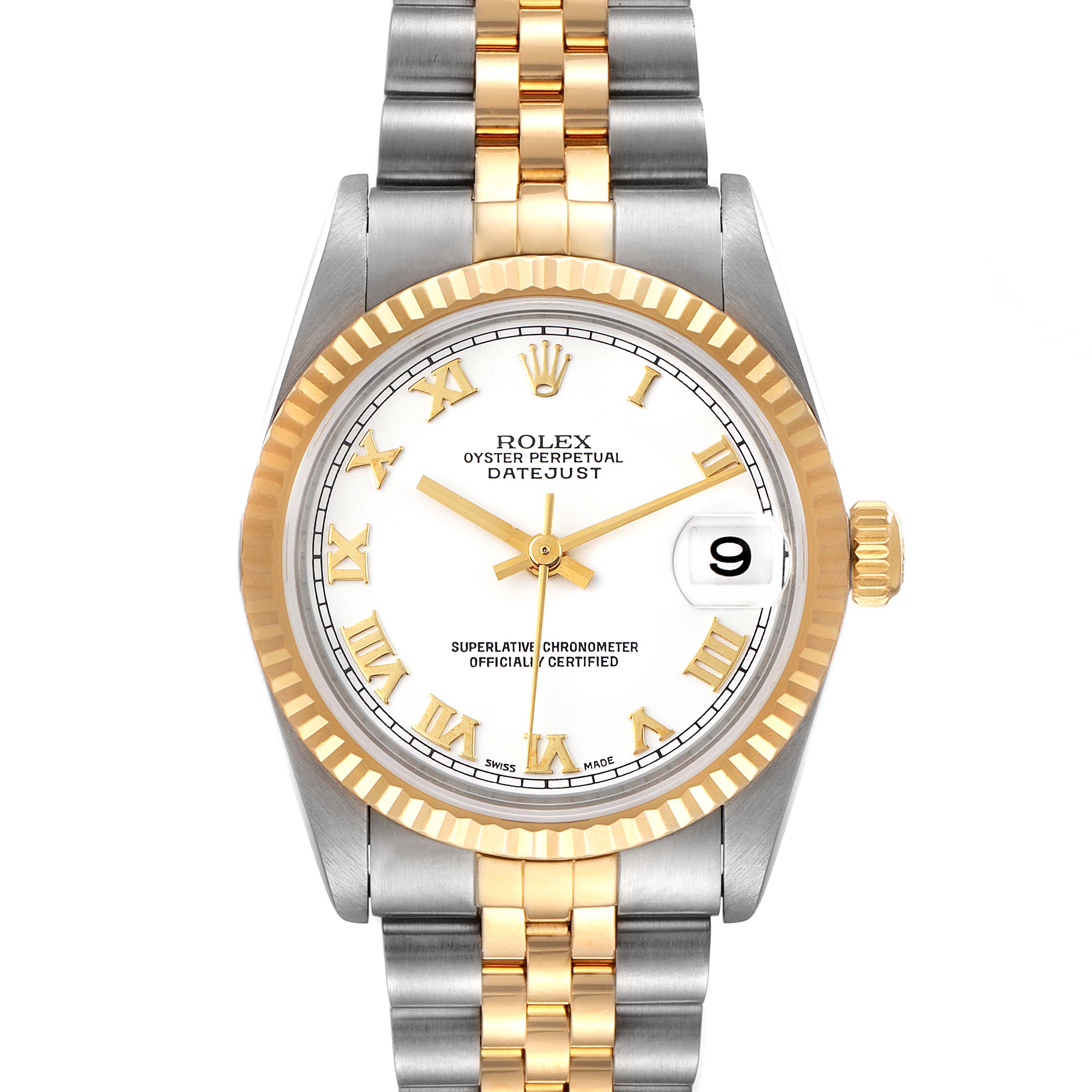 The Mid-Size Rolex Oyster Perpetual Datejust is shown from a top-down angle, highlighting the dial, bezel, and bracelet.