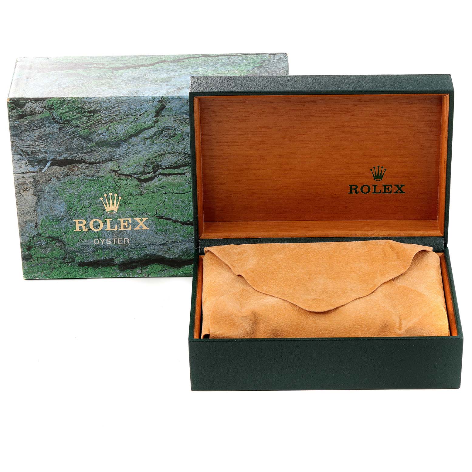 The image shows a Rolex watch box with an outer green box branded "Rolex Oyster" and an inner wooden box with a cloth inside.