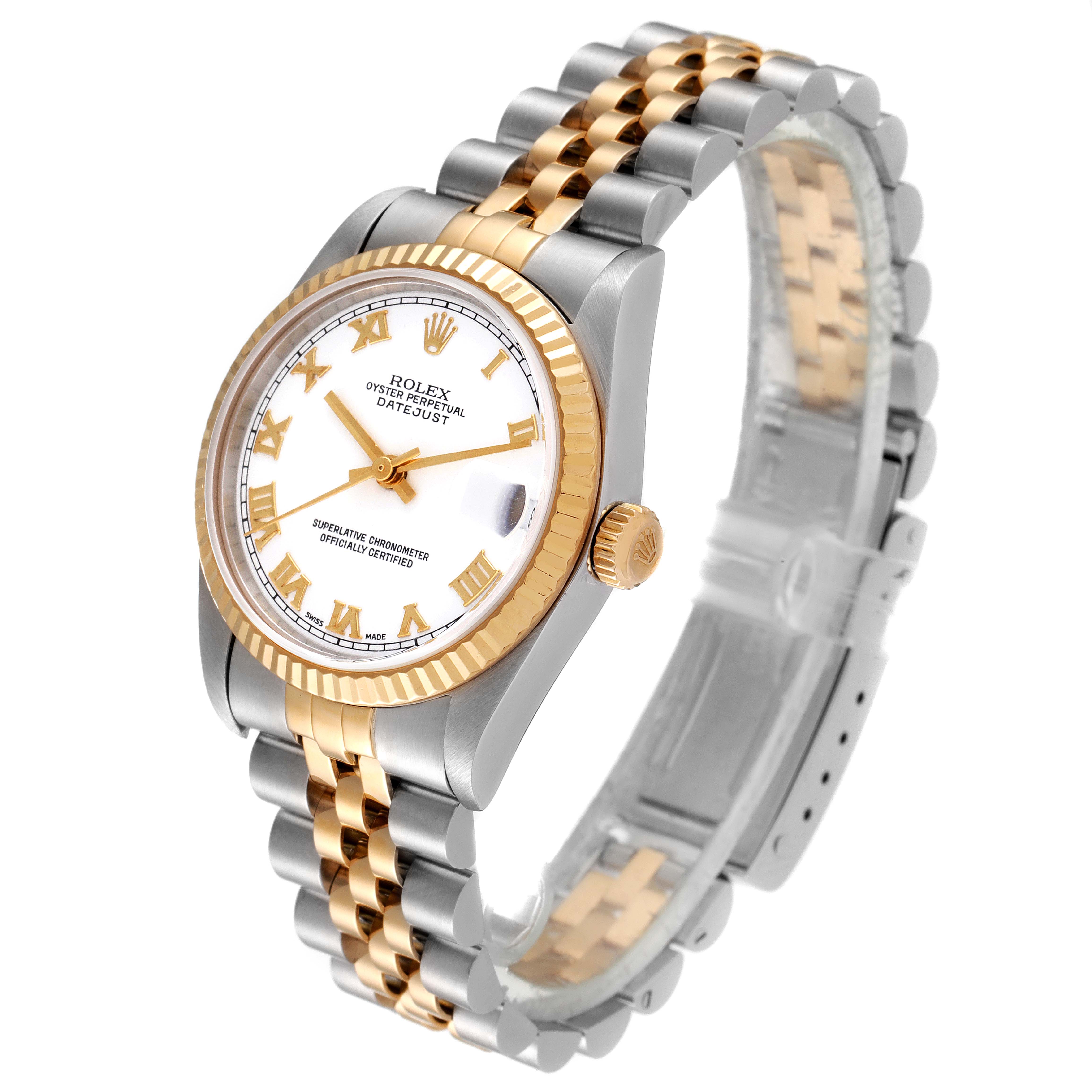 This image shows a Mid-Size Rolex Datejust watch at an angle highlighting the dial, fluted bezel, and two-tone bracelet.