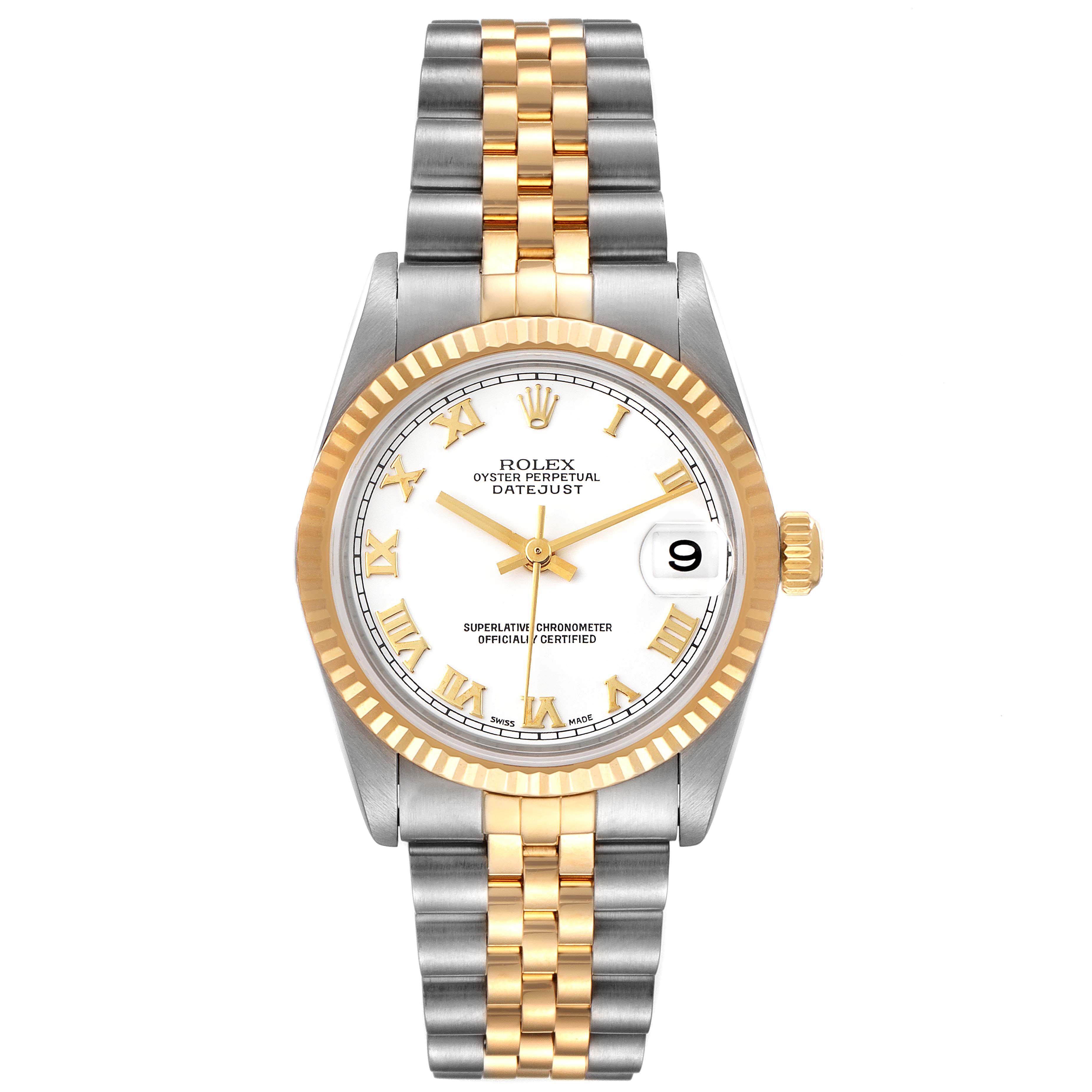 This is a front view of a Rolex Oyster Perpetual Datejust Mid-Size watch, showing the dial, bezel, and bracelet.