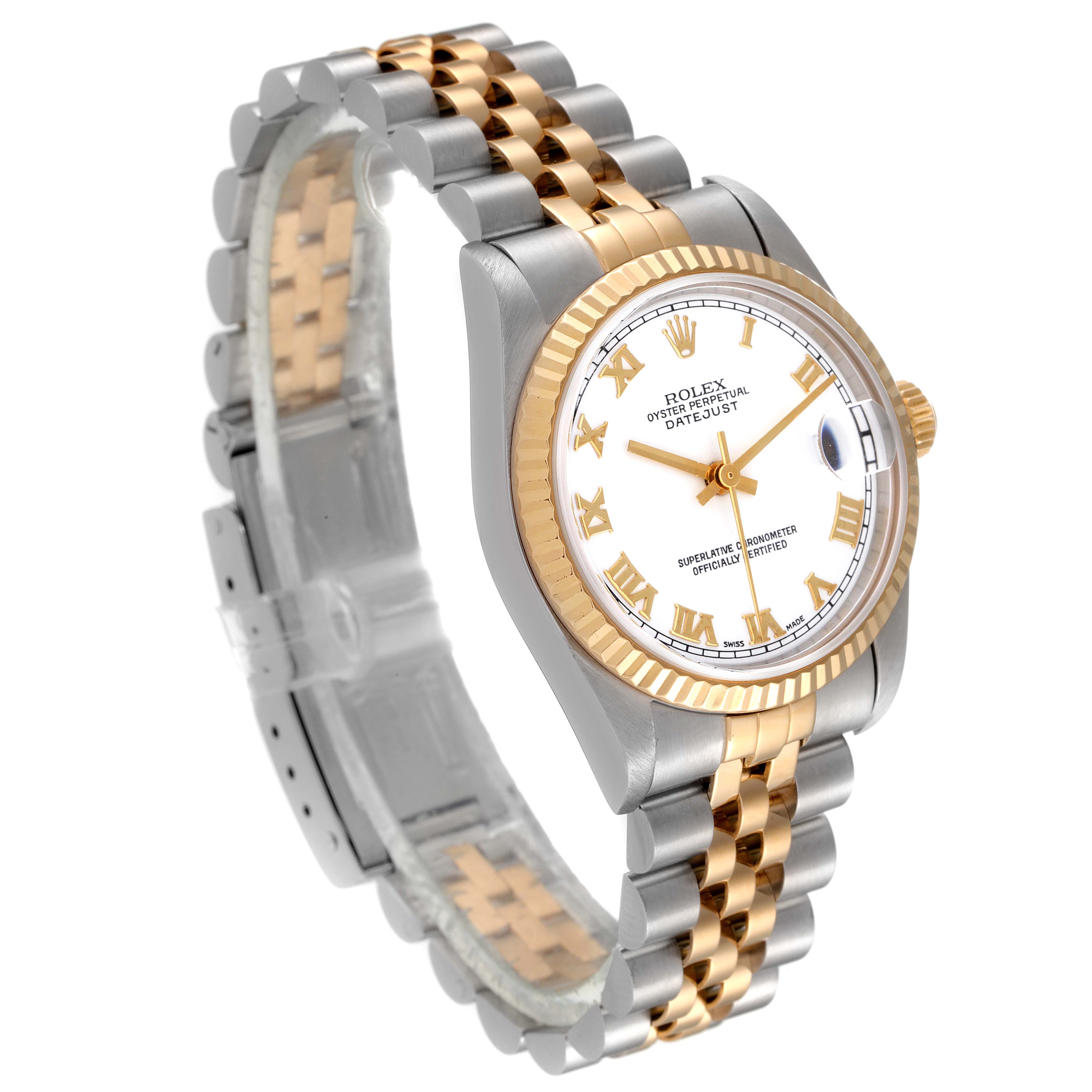 This image displays a Rolex Mid-Size 78273 Women
s Steel and Gold (two tone) White Dial 78273 Women
s Steel and Gold (two tone) White Dial Oyster Perpetual Datejust watch at an angle showcasing its dial, crown, and two-tone bracelet.