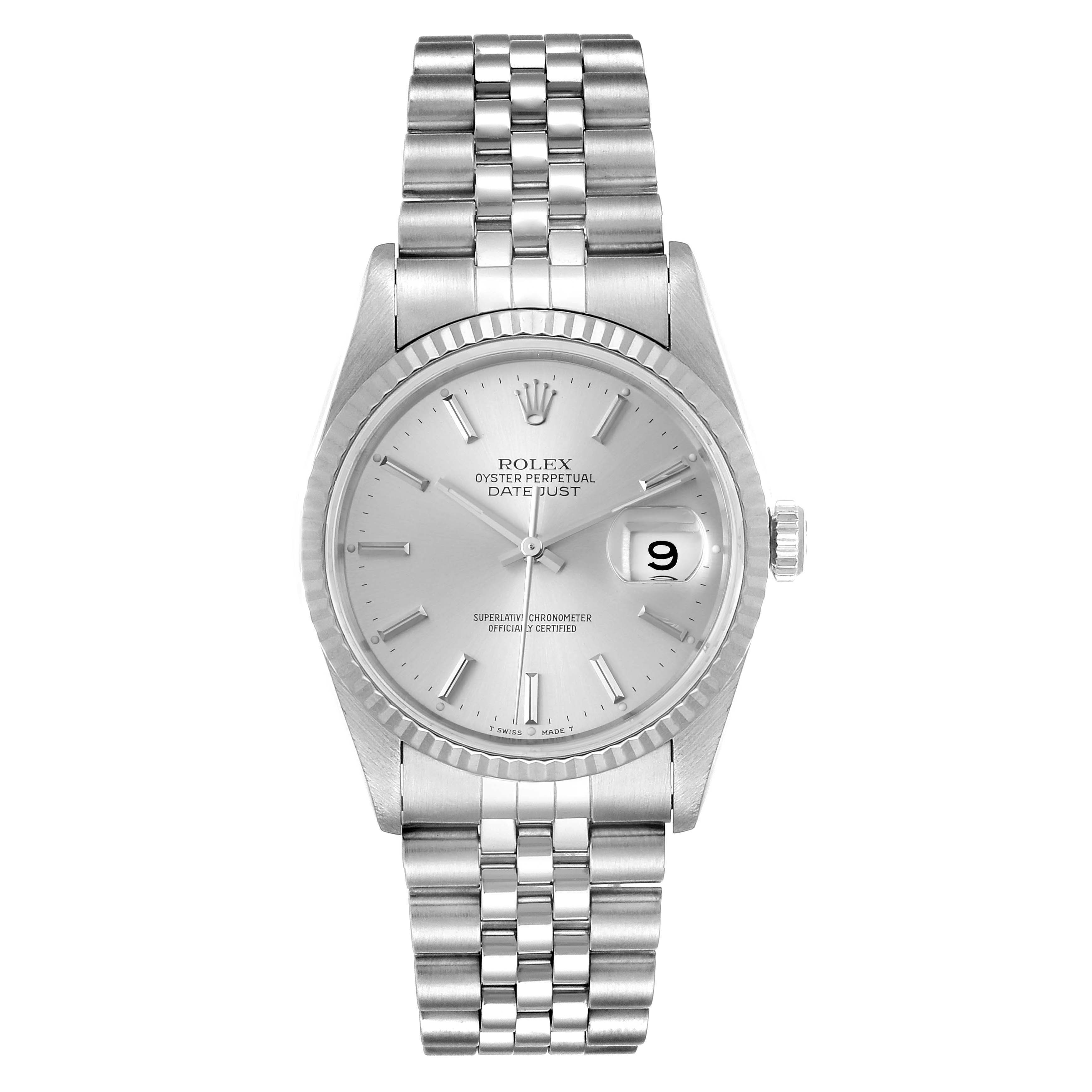 This image shows a Rolex Datejust 16234 Men's Stainless Steel Silver Dial 16234 Men's Stainless Steel Silver Dial watch from a front angle displaying the face, bezel, and bracelet.