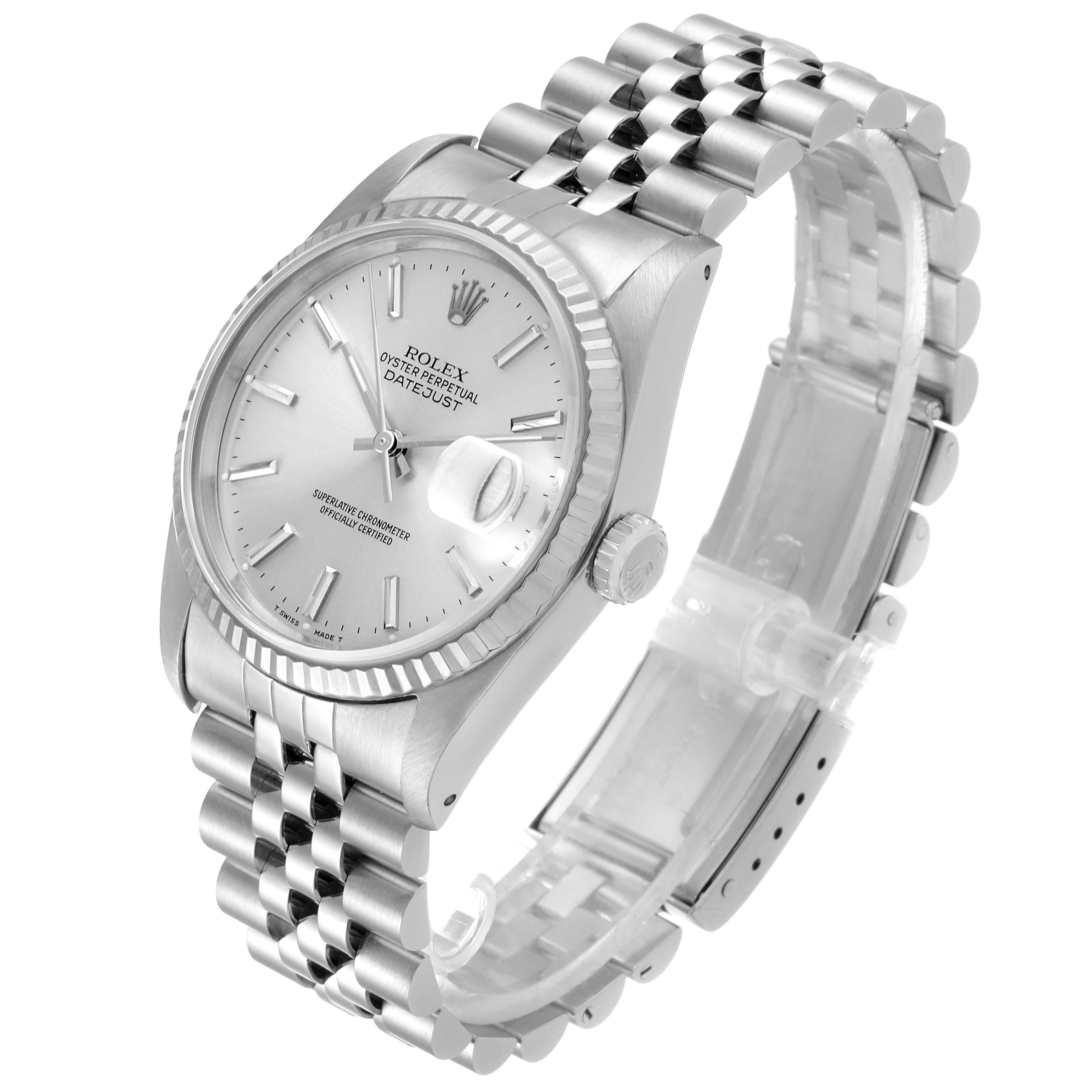 The image shows a Rolex Datejust 16234 Men's Stainless Steel Silver Dial 16234 Men's Stainless Steel Silver Dial watch at a three-quarter angle featuring the face, bezel, crown, and Jubilee bracelet.