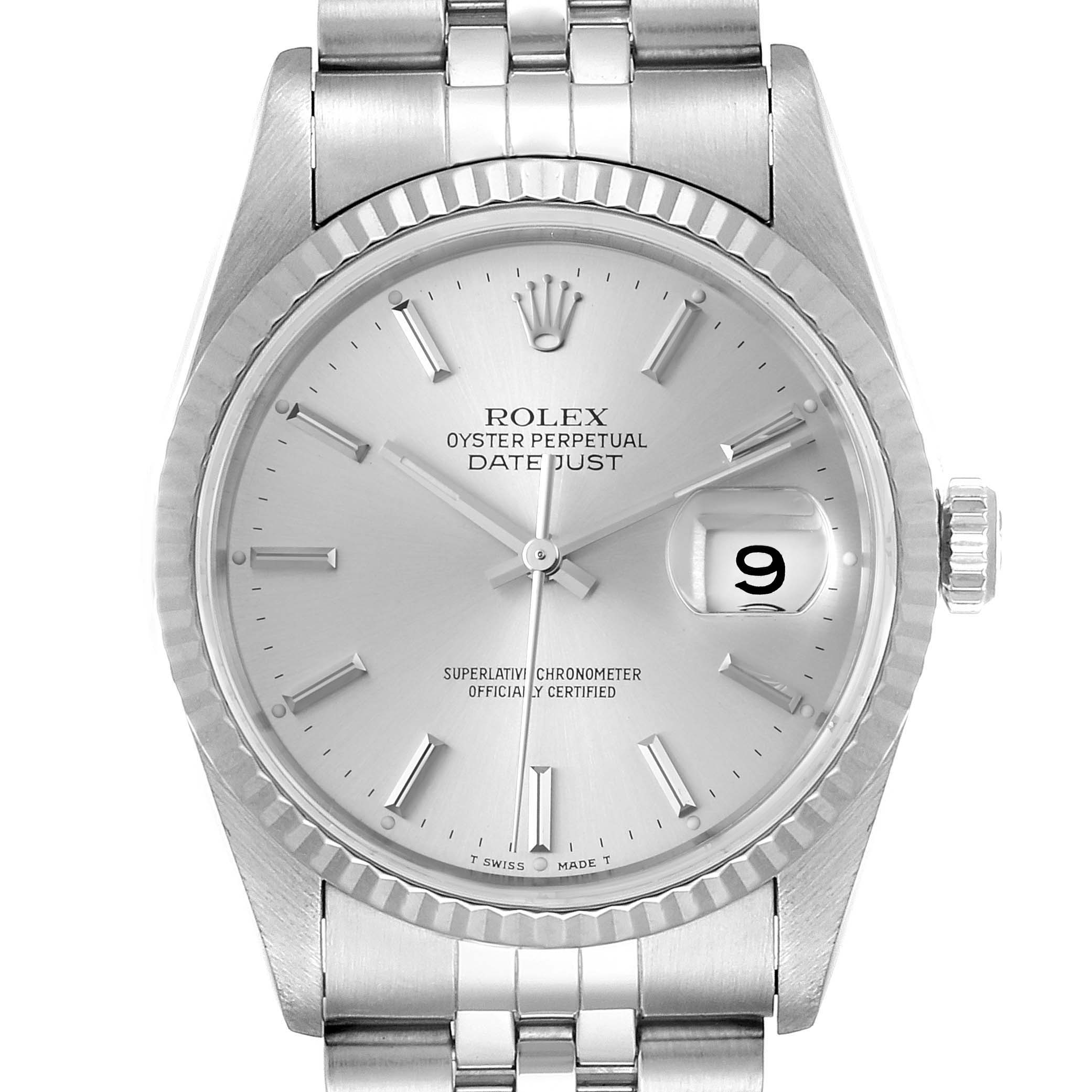 The image shows a close-up, front view of the Rolex Datejust 16234 Men's Stainless Steel Silver Dial 16234 Men's Stainless Steel Silver Dial watch, highlighting the dial, hands, date window, and part of the bracelet.