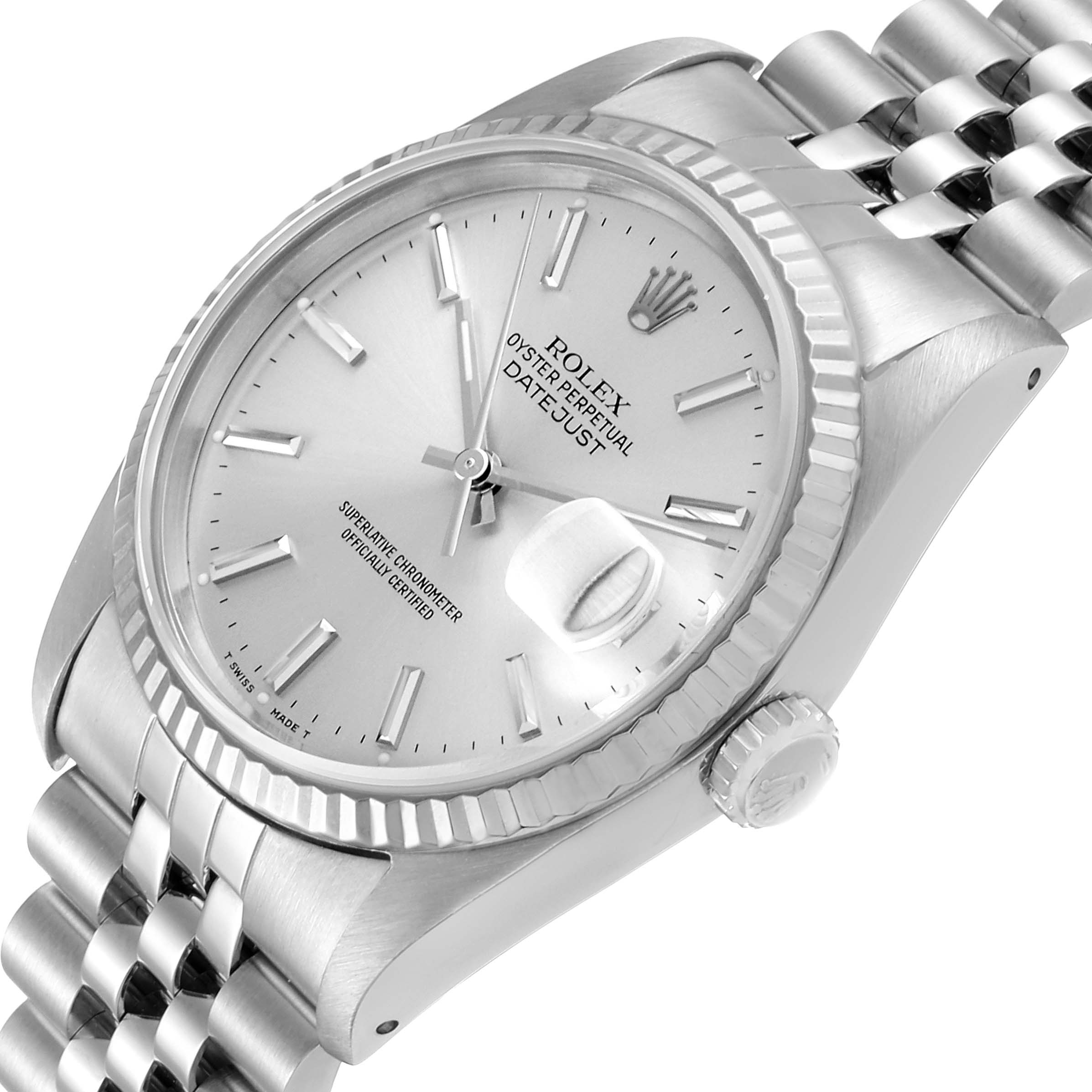 This image shows a close-up, angled view of the Rolex Datejust 16234 Men's Stainless Steel Silver Dial 16234 Men's Stainless Steel Silver Dial watch, highlighting its dial, bezel, crown, and bracelet.