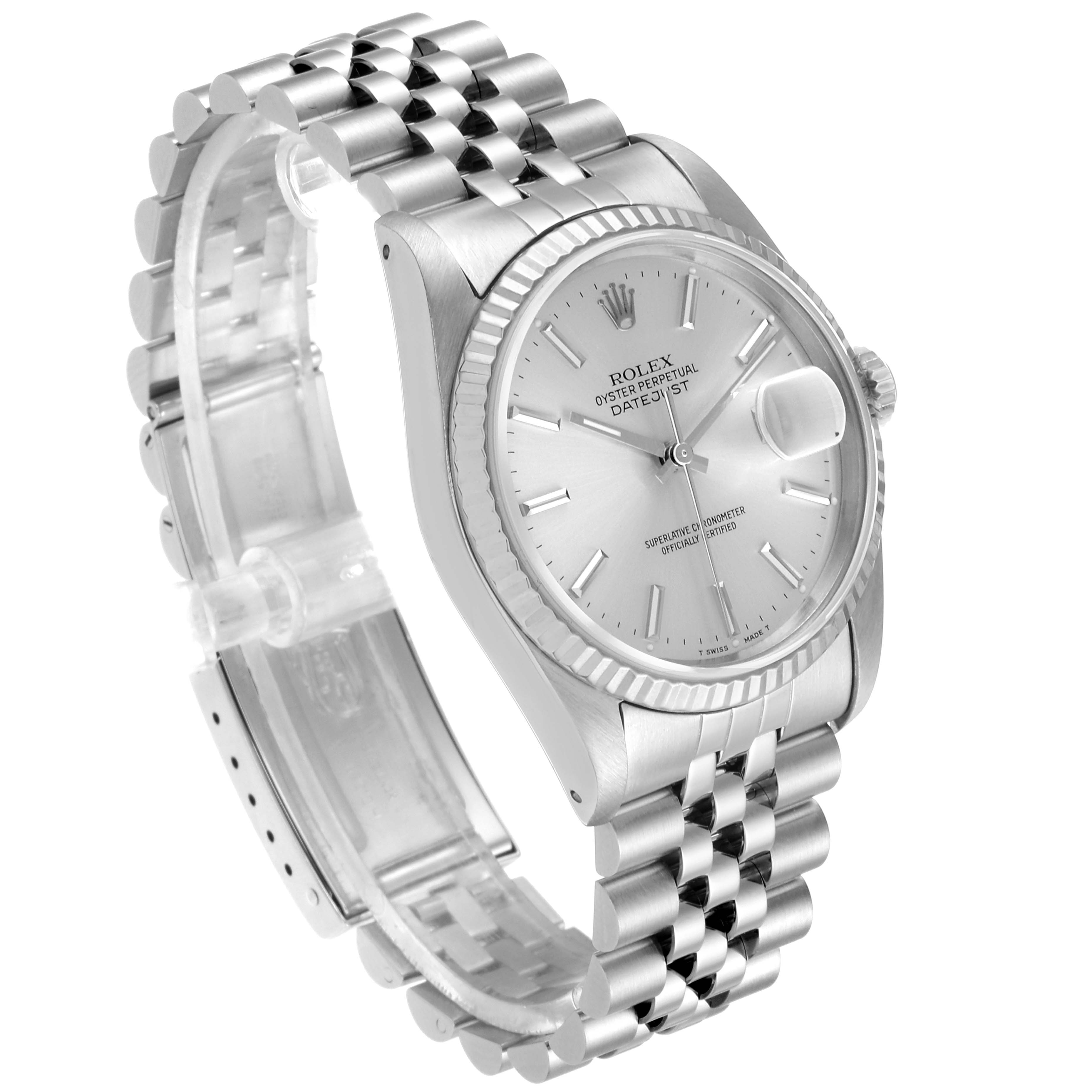The image shows a side-angle view of a Rolex Datejust 16234 Men's Stainless Steel Silver Dial 16234 Men's Stainless Steel Silver Dial watch, highlighting the face, bezel, and bracelet.