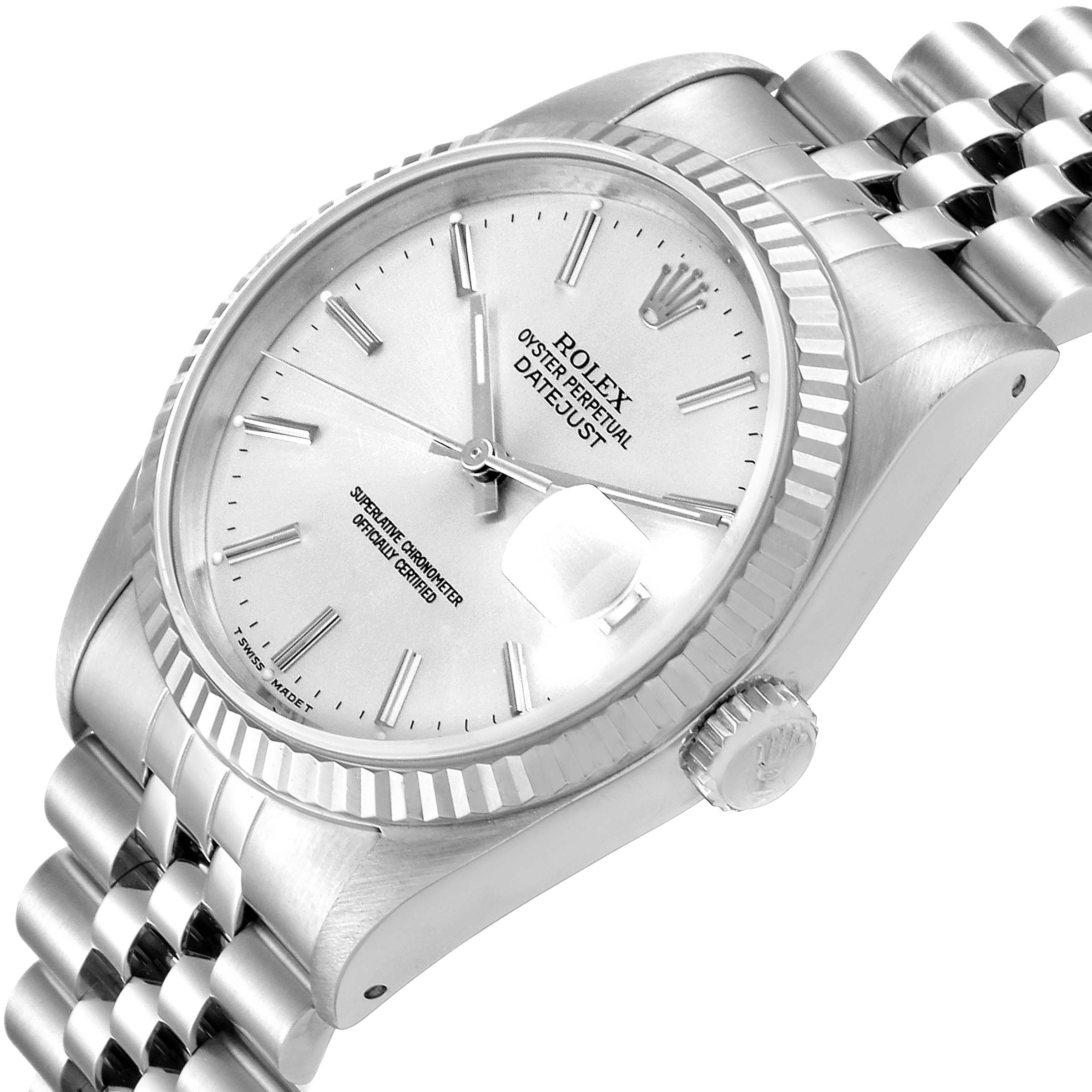The Datejust model by Rolex is shown at a slight angle with a clear view of the face, bezel, crown, and bracelet.
