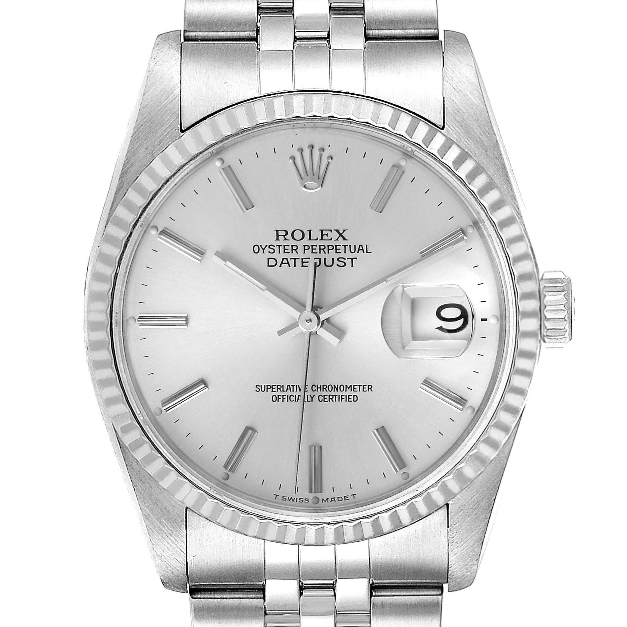 The image shows a close-up, front-facing view of the dial and bracelet of a Rolex Datejust 16234 Men's Stainless Steel Silver Dial 16234 Men's Stainless Steel Silver Dial watch.