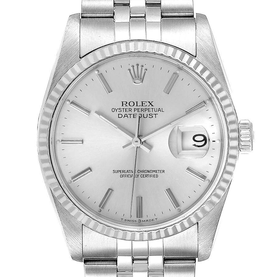 Rolex Datejust Silver Dial Fluted Bezel Steel White Gold Mens Watch 16234 SwissWatchExpo