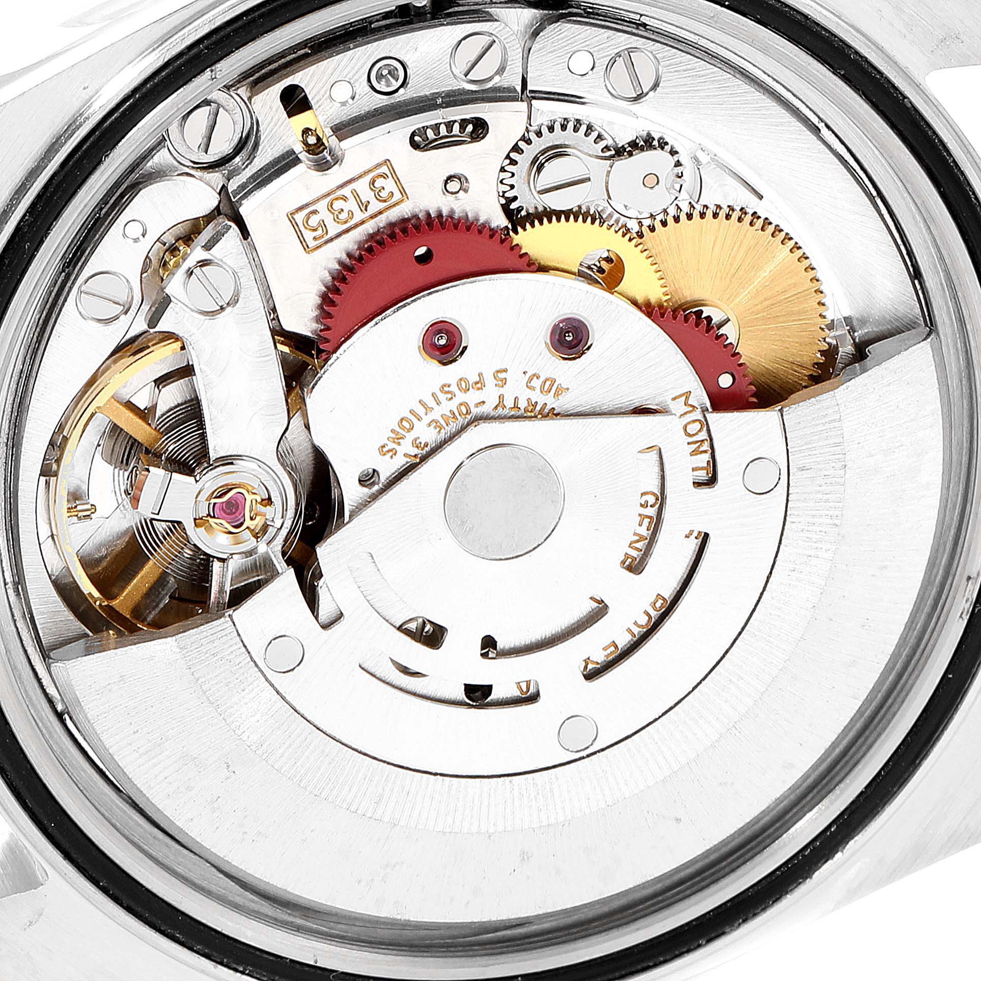 This image shows a close-up view of the movement mechanism inside a Rolex Datejust 16234 Men's Stainless Steel Silver Dial 16234 Men's Stainless Steel Silver Dial watch.