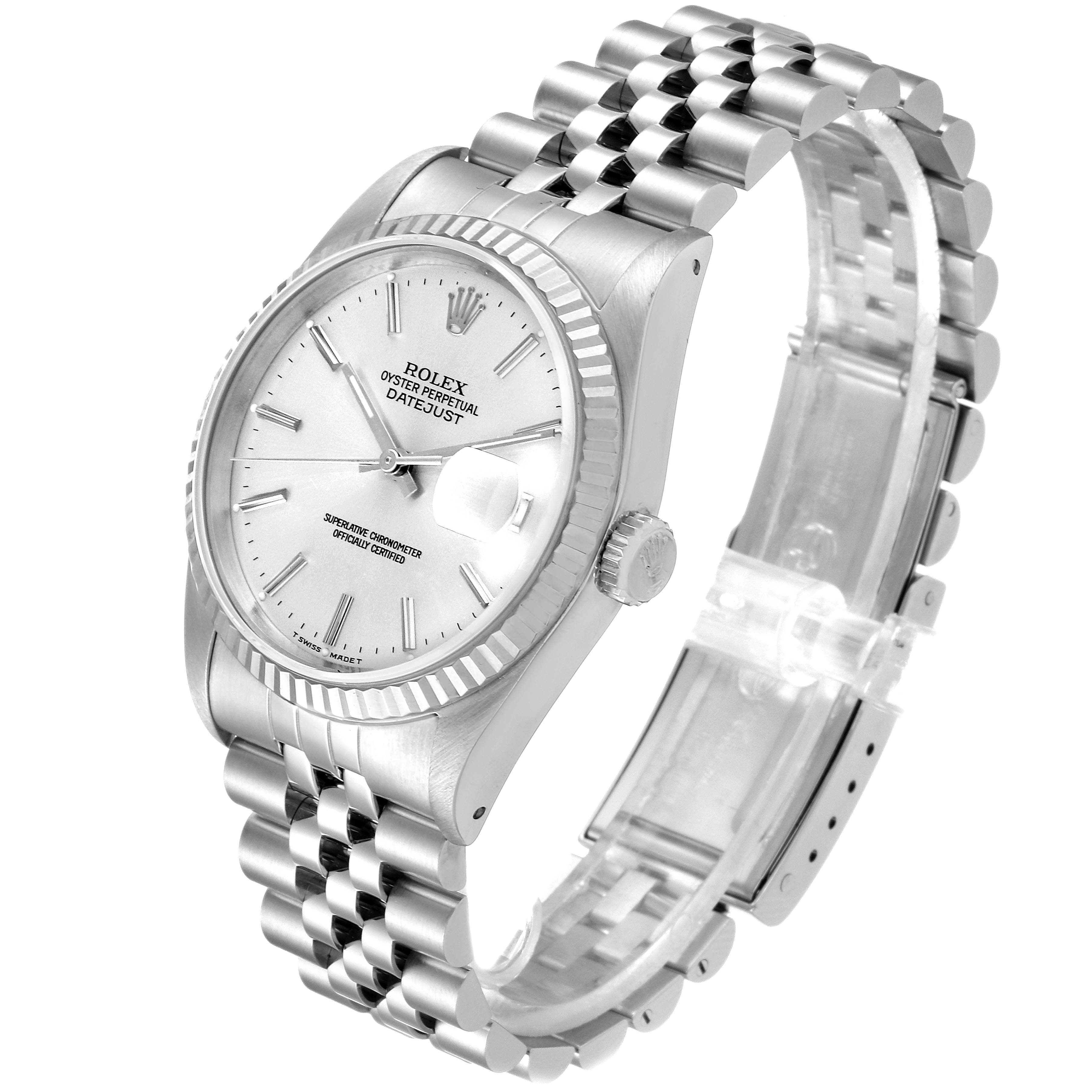 This image shows a side angle of the Rolex Datejust 16234 Men's Stainless Steel Silver Dial 16234 Men's Stainless Steel Silver Dial watch, highlighting its silver dial, fluted bezel, and jubilee bracelet.