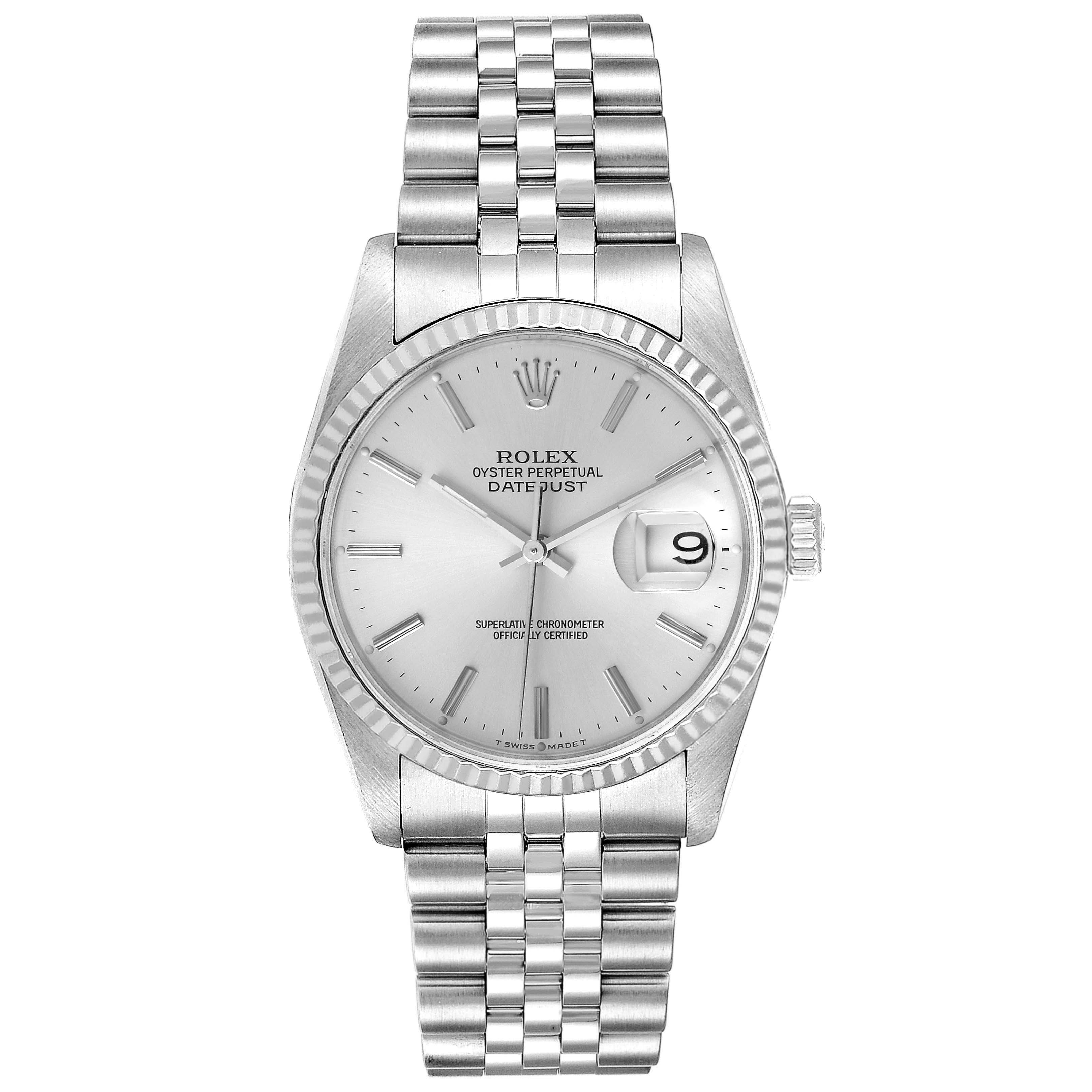 This image shows a front view of a Rolex Datejust 16234 Men's Stainless Steel Silver Dial 16234 Men's Stainless Steel Silver Dial watch, displaying the dial, hands, bezel, and metal bracelet.