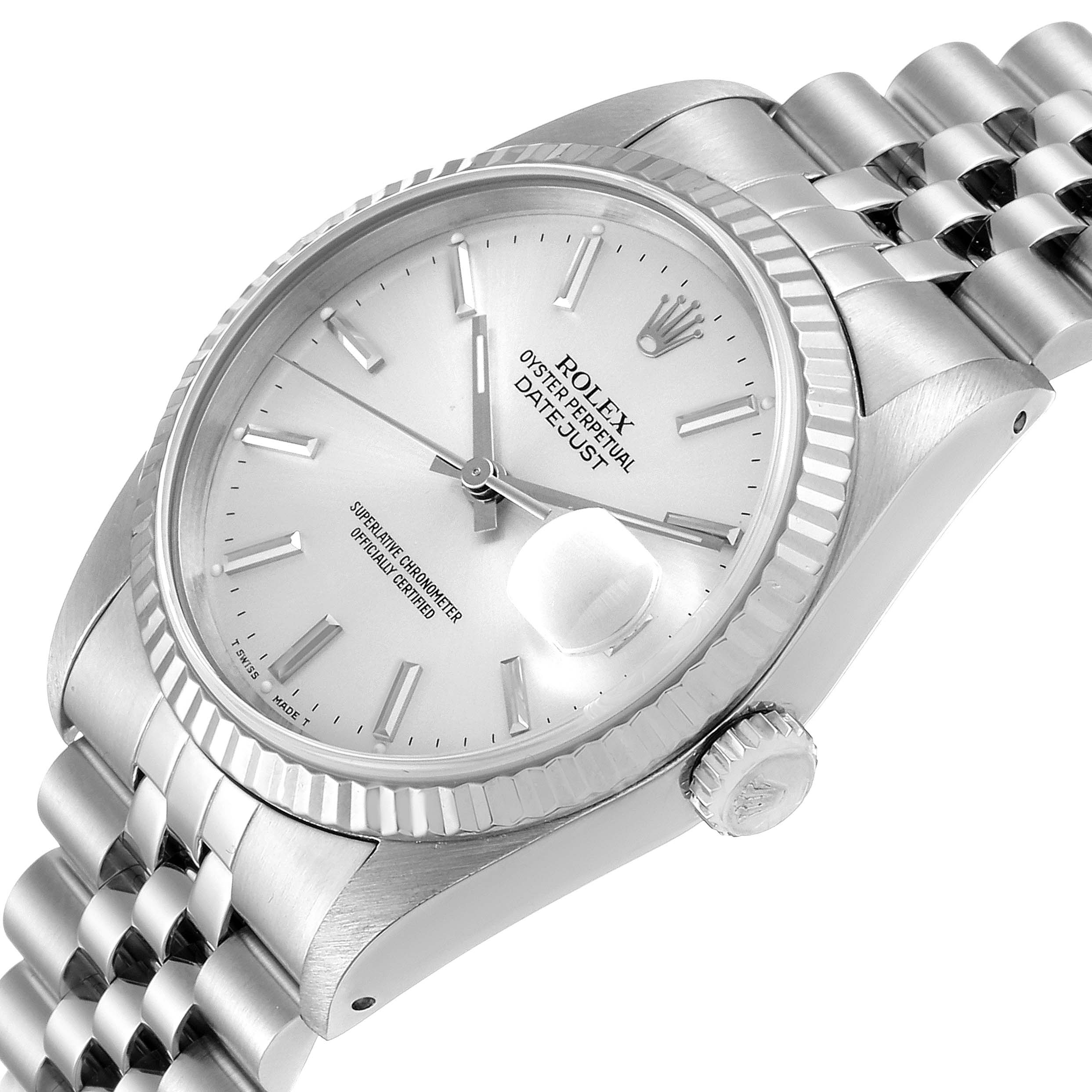 The image shows a close-up angled view of a Rolex Datejust 16234 Men's Stainless Steel Silver Dial 16234 Men's Stainless Steel Silver Dial, highlighting the dial, crown, and part of the bracelet.
