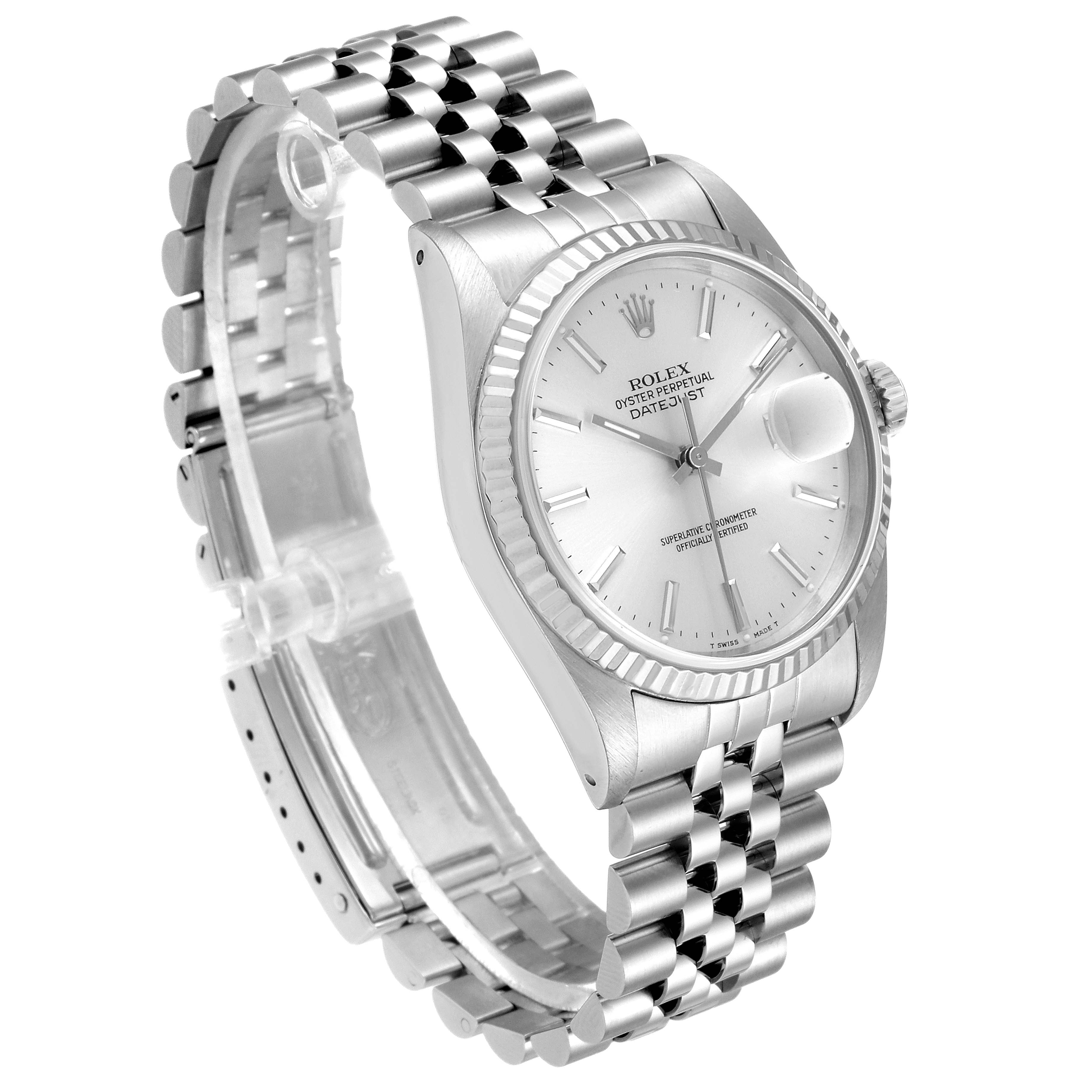 The image shows a three-quarter view of the Rolex Datejust 16234 Men's Stainless Steel Silver Dial 16234 Men's Stainless Steel Silver Dial watch, showcasing its face, bezel, and bracelet.