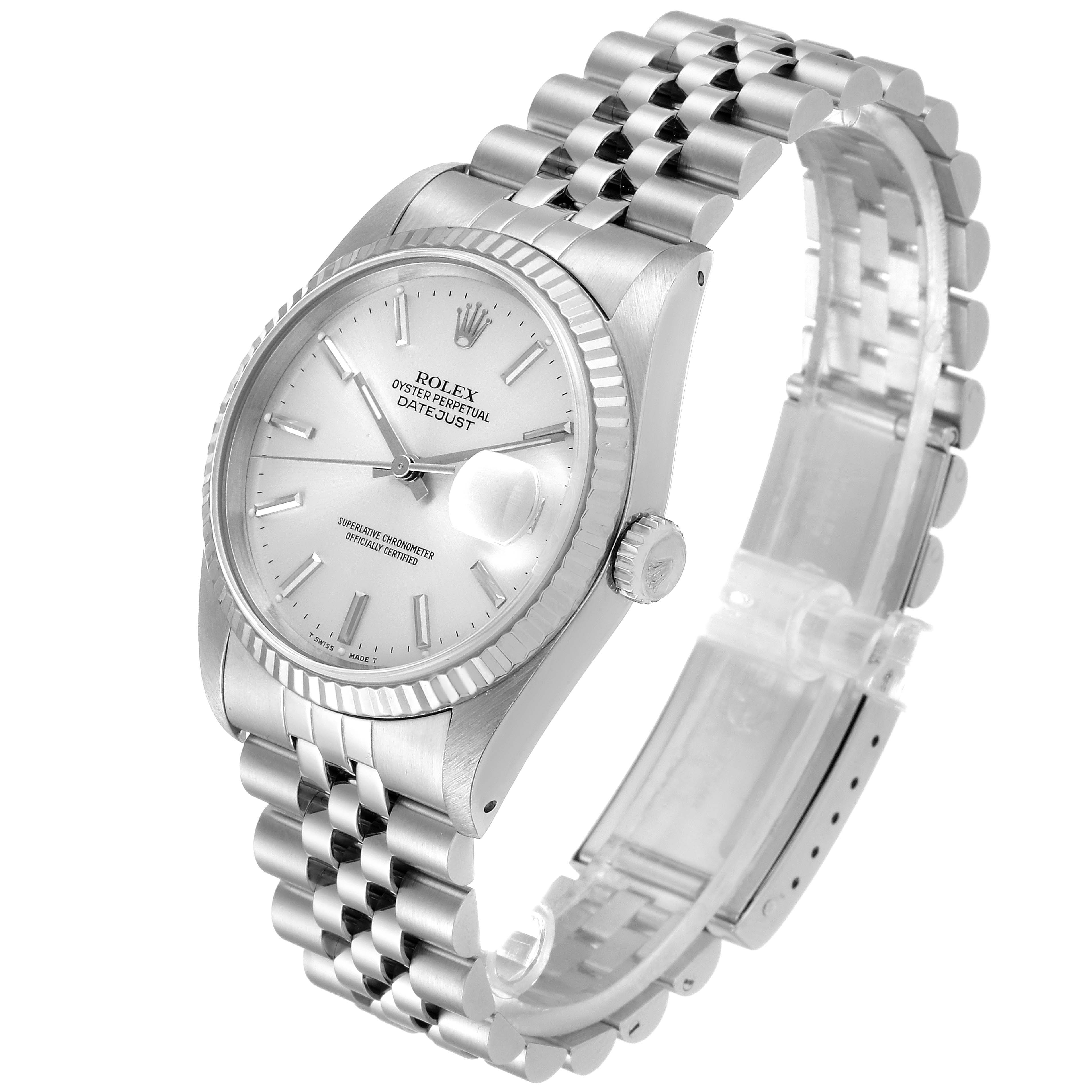 This Rolex Datejust 16234 Men's Stainless Steel Silver Dial 16234 Men's Stainless Steel Silver Dial watch is shown at a slight angle displaying its face, bezel, crown, and bracelet.