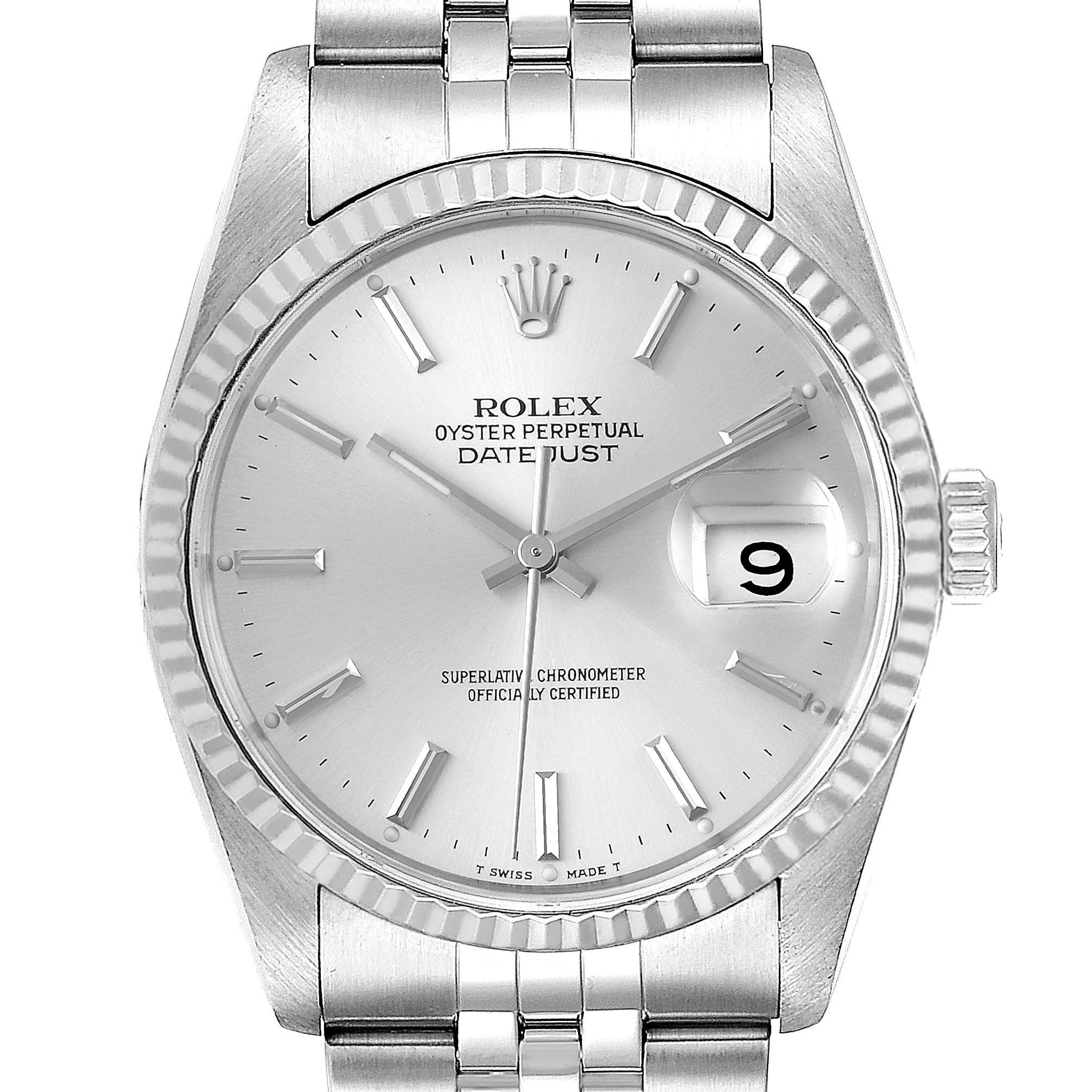 This image shows a frontal view of a Rolex Datejust 16234 Men's Stainless Steel Silver Dial 16234 Men's Stainless Steel Silver Dial watch, displaying its face, bezel, and part of the bracelet.