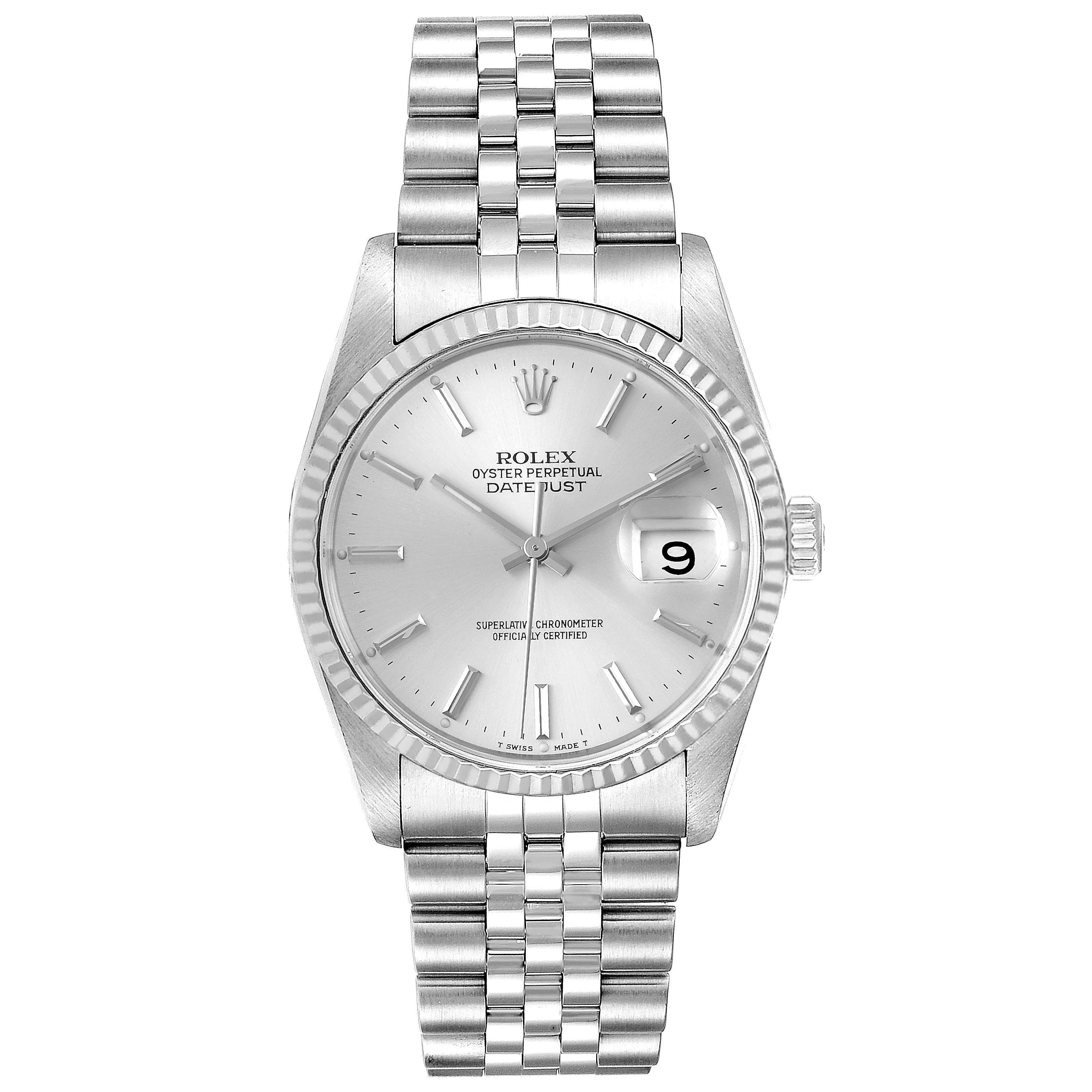 This image shows a front view of a Rolex Datejust 16234 Men's Stainless Steel Silver Dial 16234 Men's Stainless Steel Silver Dial watch, including the dial, bezel, bracelet, and date window.