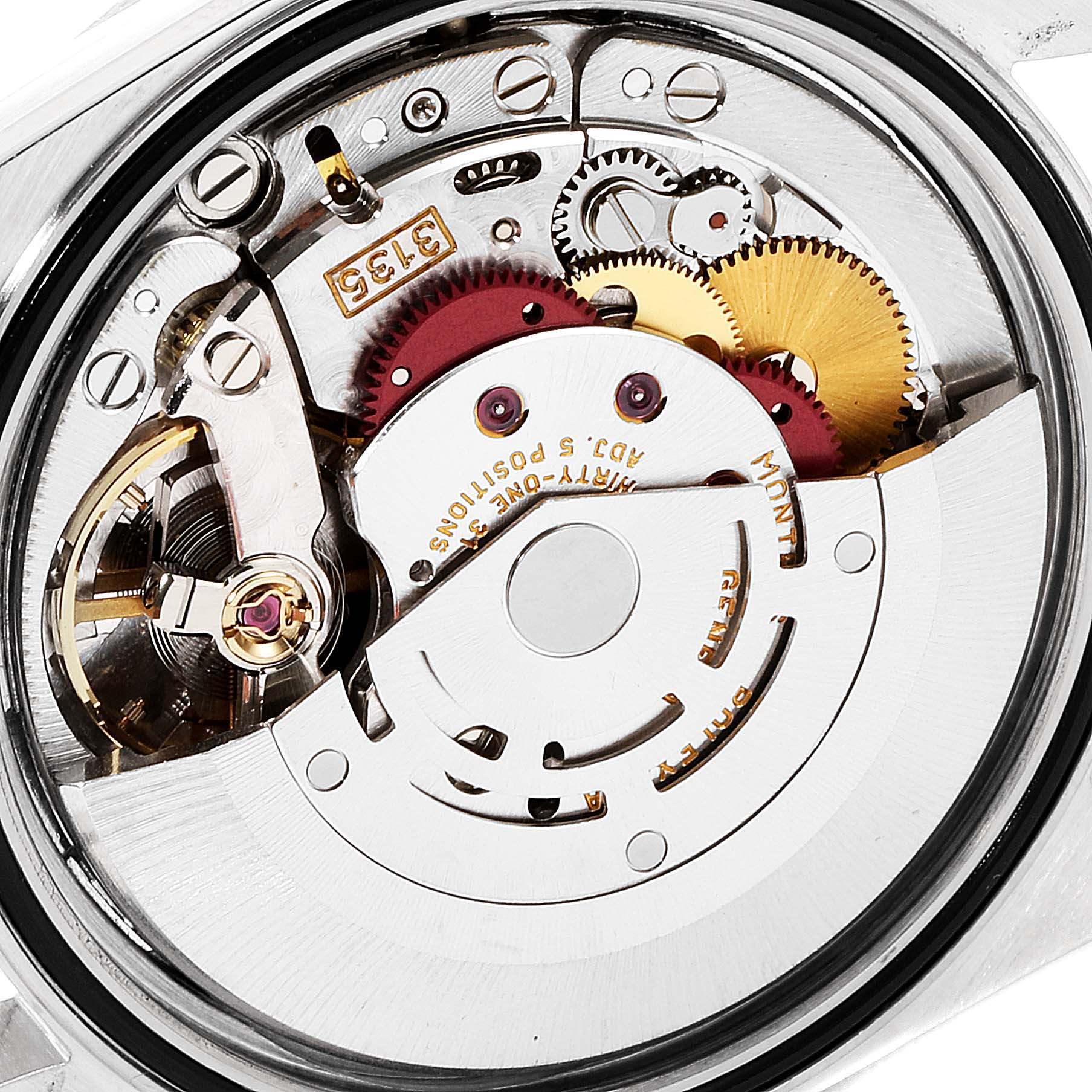 The image shows a close-up of the inner mechanical movement of a Rolex Datejust 16234 Men's Stainless Steel Silver Dial 16234 Men's Stainless Steel Silver Dial watch, highlighting gears and components.