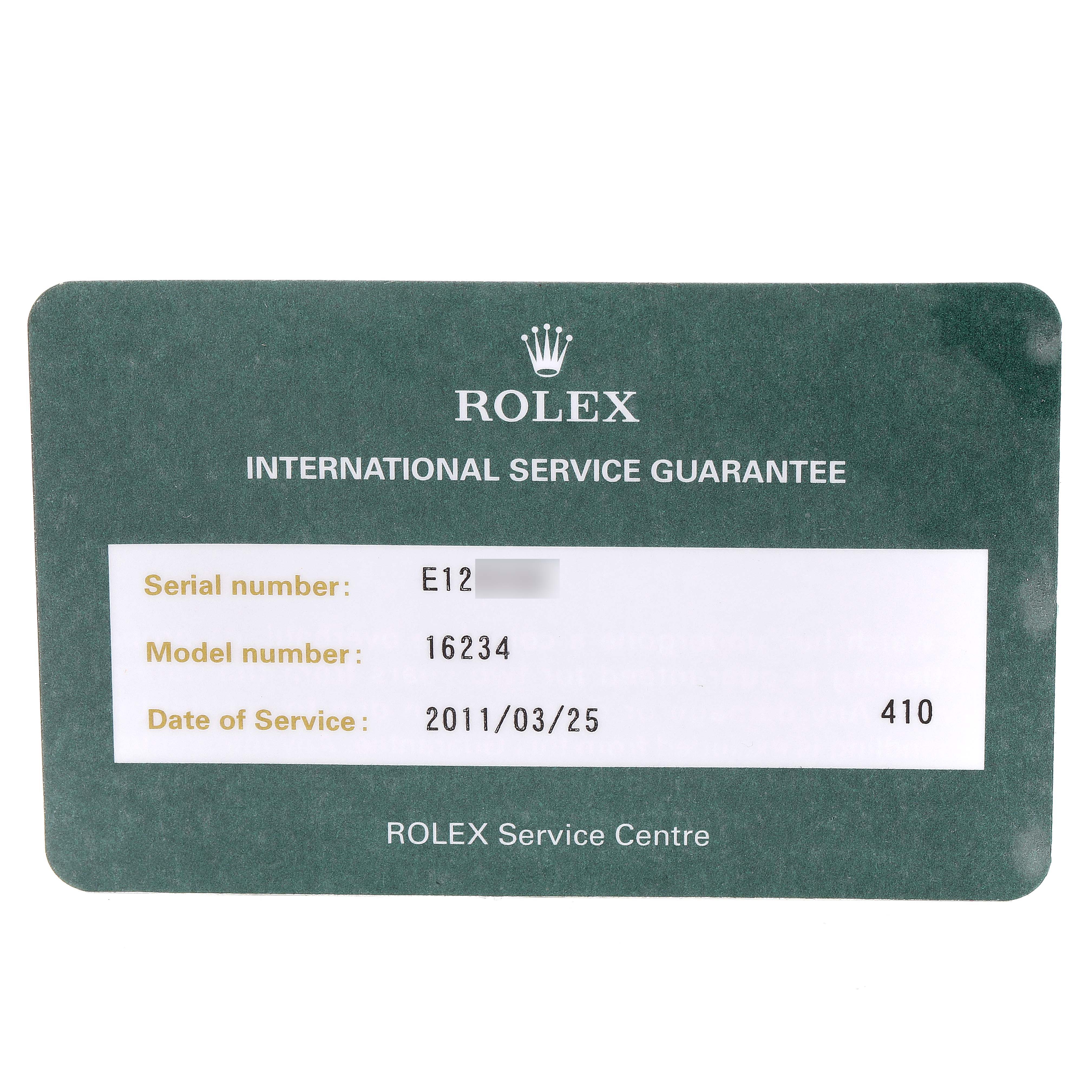 The image shows a Rolex International Service Guarantee card for a Datejust model 16234.