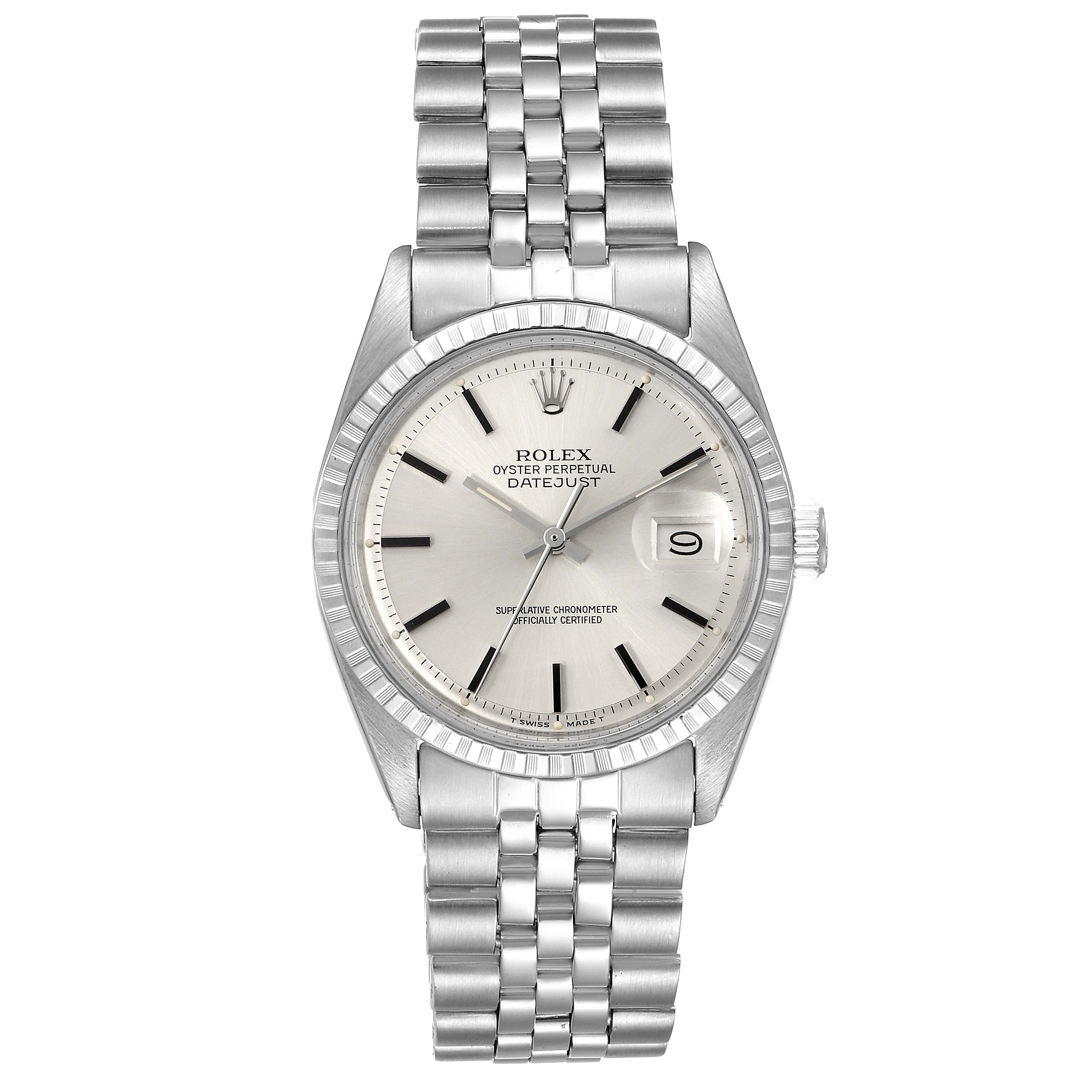 The Rolex Vintage Collection 1603 Men
s Stainless Steel Silver Dial 1603 Men
s Stainless Steel Silver Dial model is shown from the front, displaying the dial, hands, date window, and bracelet.