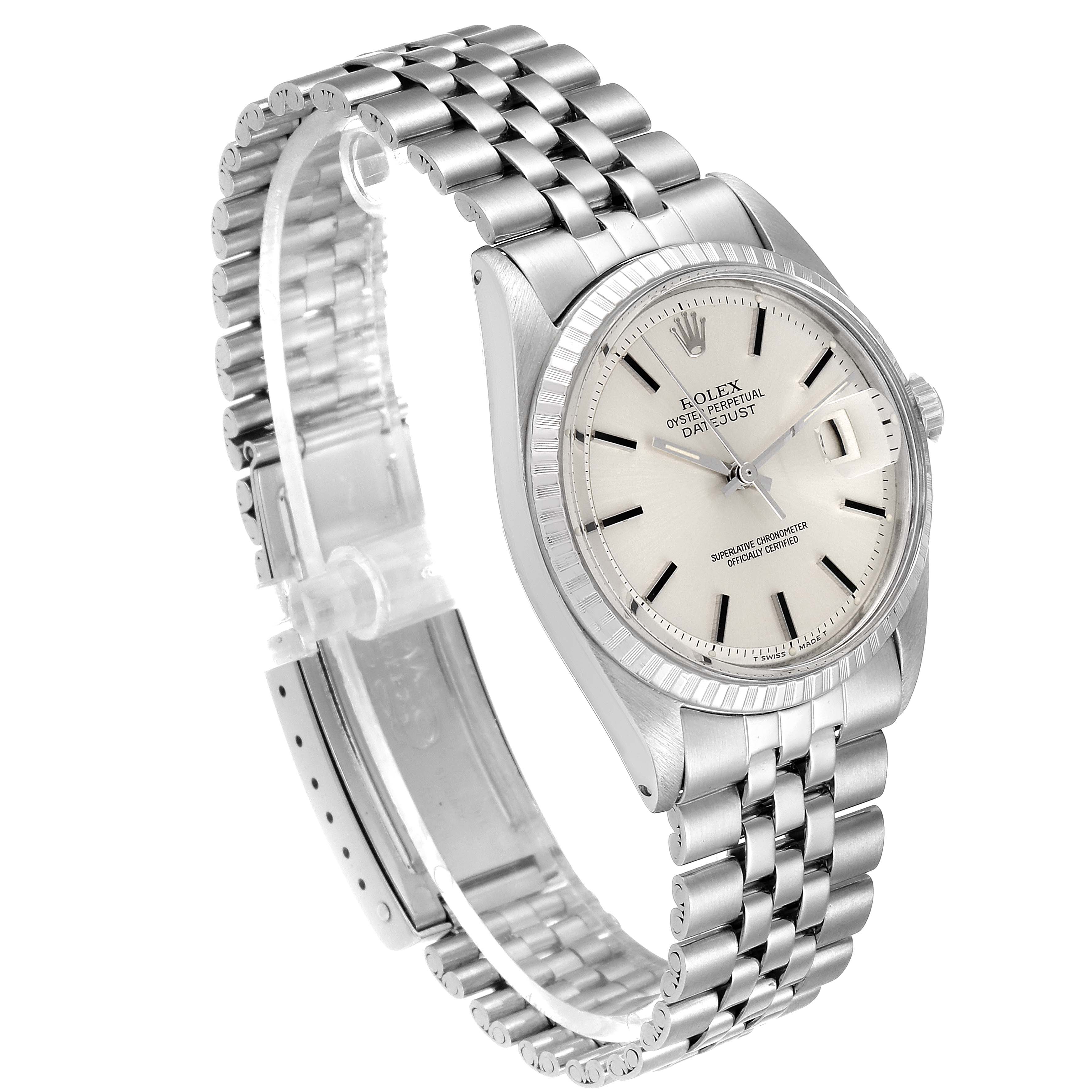 This is an angled view of the Rolex Vintage Collection 1603 Men
s Stainless Steel Silver Dial 1603 Men
s Stainless Steel Silver Dial watch, showcasing its face, bezel, bracelet, and partially visible clasp.