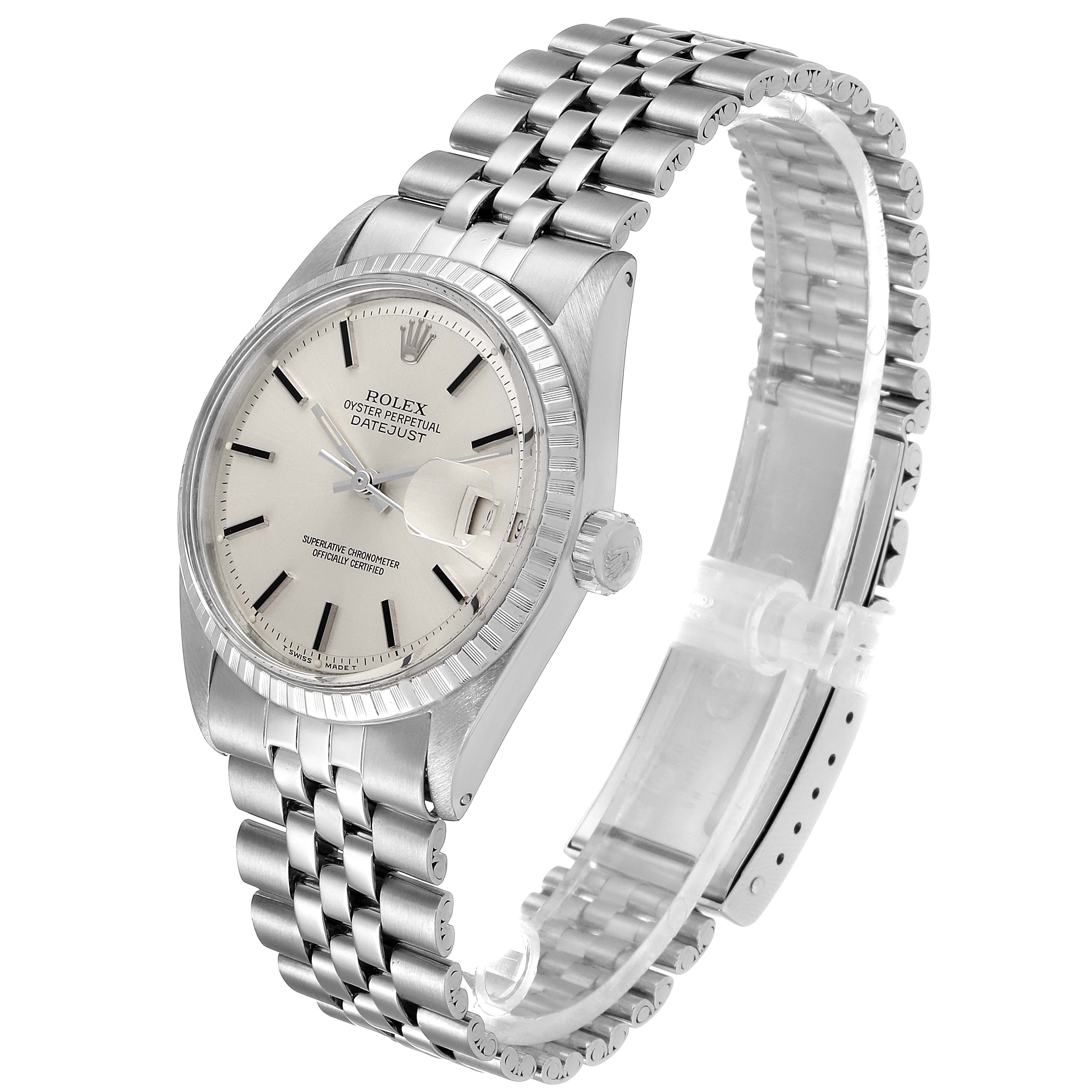 The Rolex Vintage Collection 1603 Men
s Stainless Steel Silver Dial 1603 Men
s Stainless Steel Silver Dial model watch is shown from a three-quarter angle, displaying its dial, case, and bracelet.