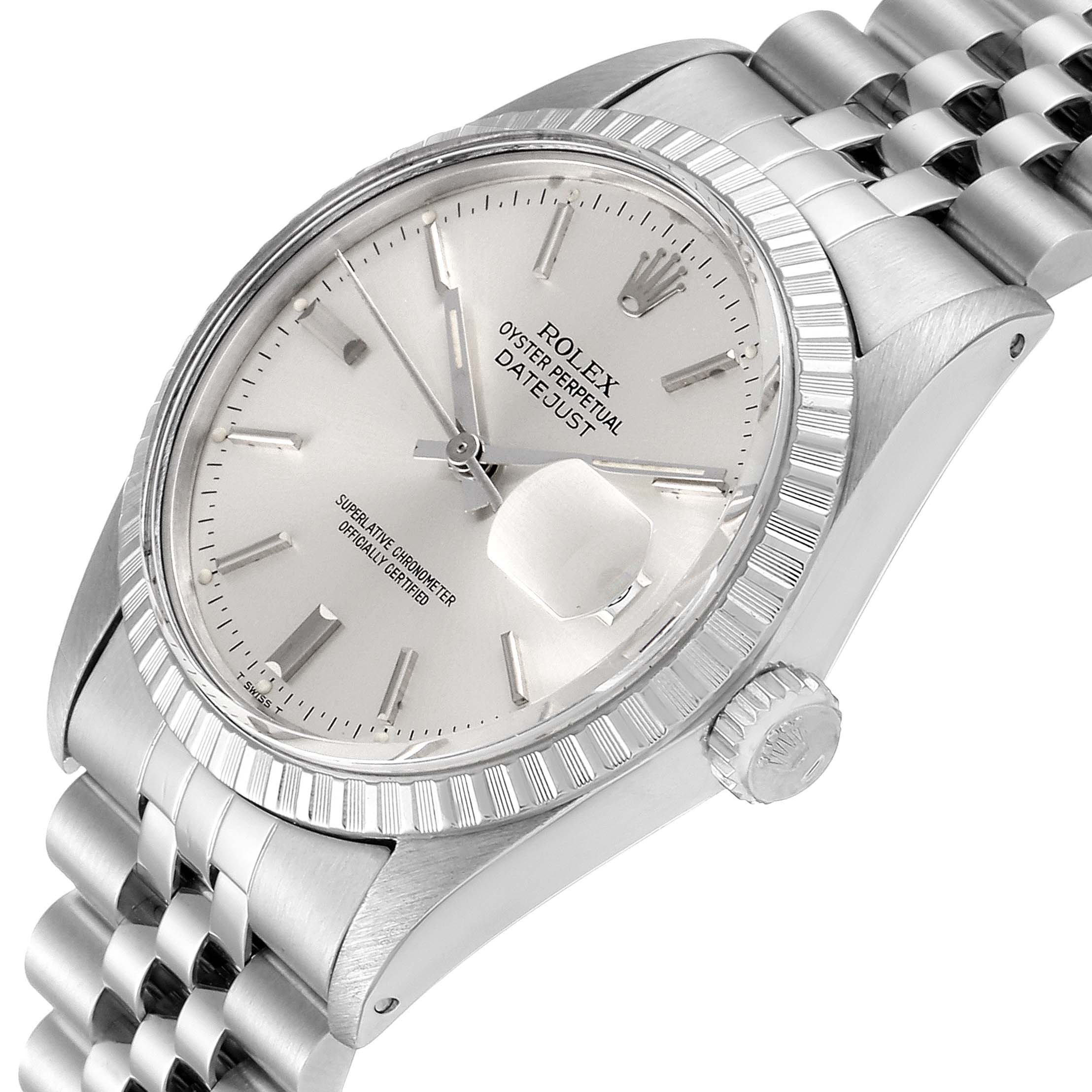 The image shows a Rolex Vintage Collection 16030 Men's Stainless Steel Silver Dial 16030 Men's Stainless Steel Silver Dial Datejust watch angled from the top-left, highlighting the dial, bezel, and crown.