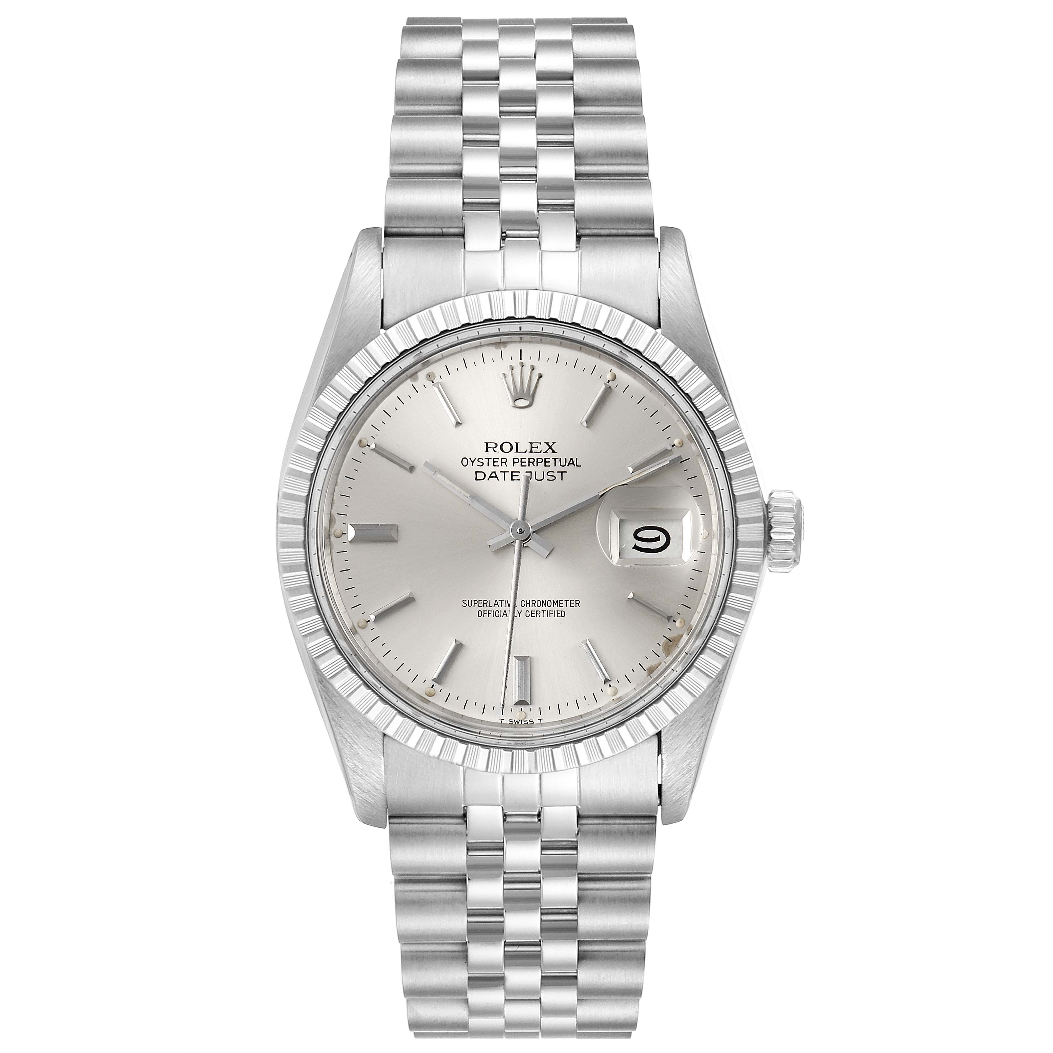 The image shows a front view of the Rolex Vintage Collection 16030 Men's Stainless Steel Silver Dial 16030 Men's Stainless Steel Silver Dial Oyster Perpetual Datejust with a stainless steel case and bracelet.