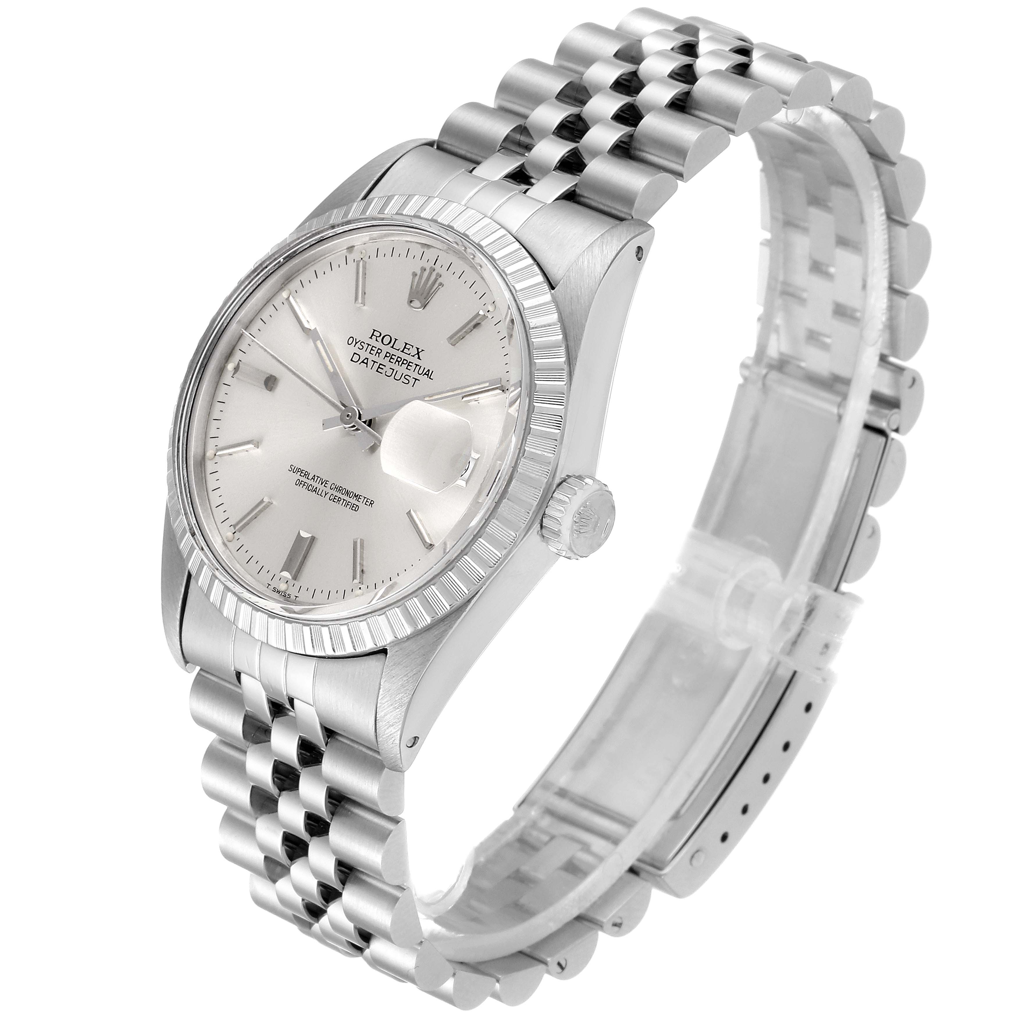 The image shows a side-angle view of the Rolex Vintage Collection 16030 Men's Stainless Steel Silver Dial 16030 Men's Stainless Steel Silver Dial model watch, highlighting the face, bracelet, and winding crown.