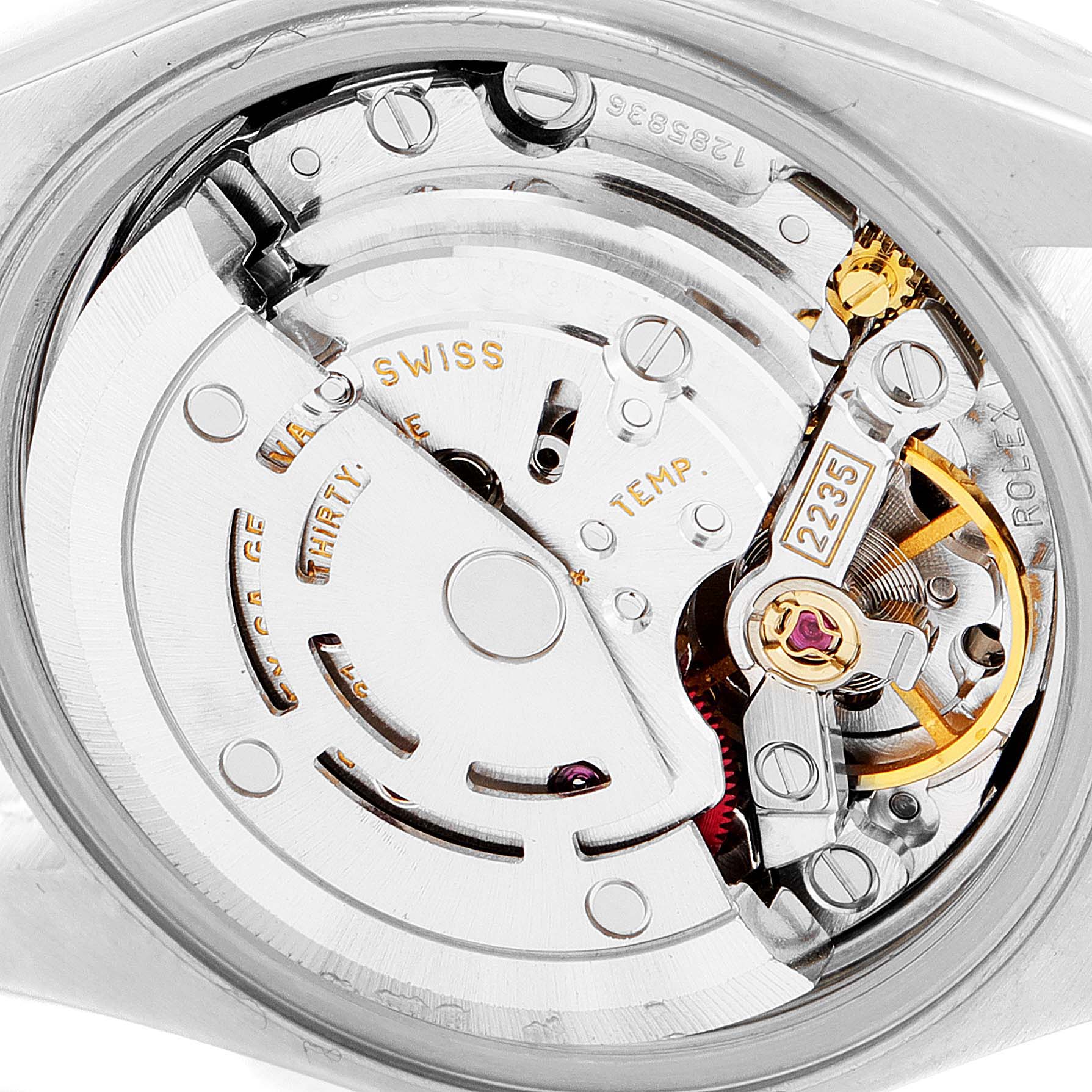 The image showcases the movement mechanism of a Rolex Datejust 79174 Women's Stainless Steel Black Dial 79174 Women's Stainless Steel Black Dial watch, viewed from the back case.