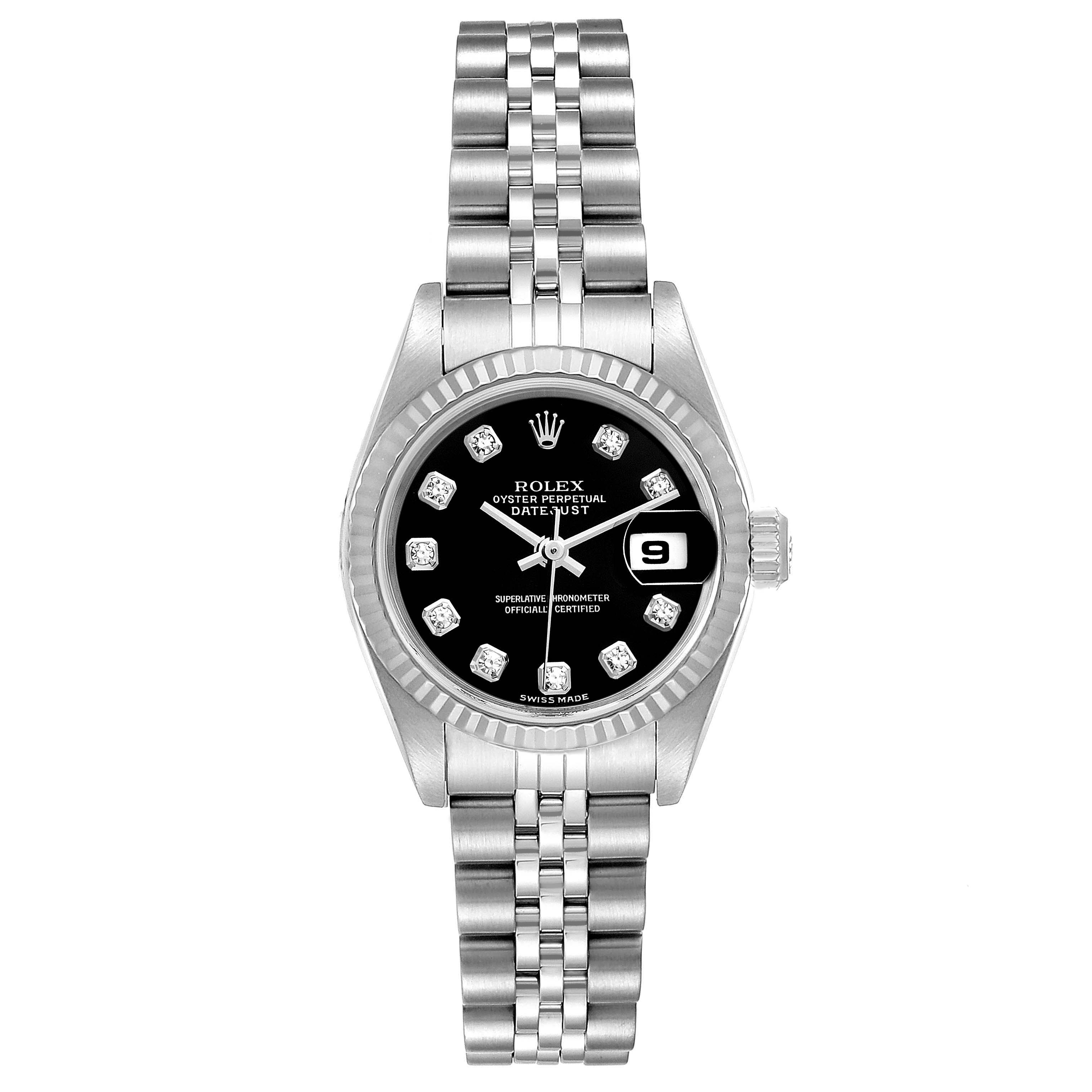 The Rolex Datejust 79174 Women's Stainless Steel Black Dial 79174 Women's Stainless Steel Black Dial watch is shown from a top-down angle, displaying its face, bezel, crown, and bracelet.