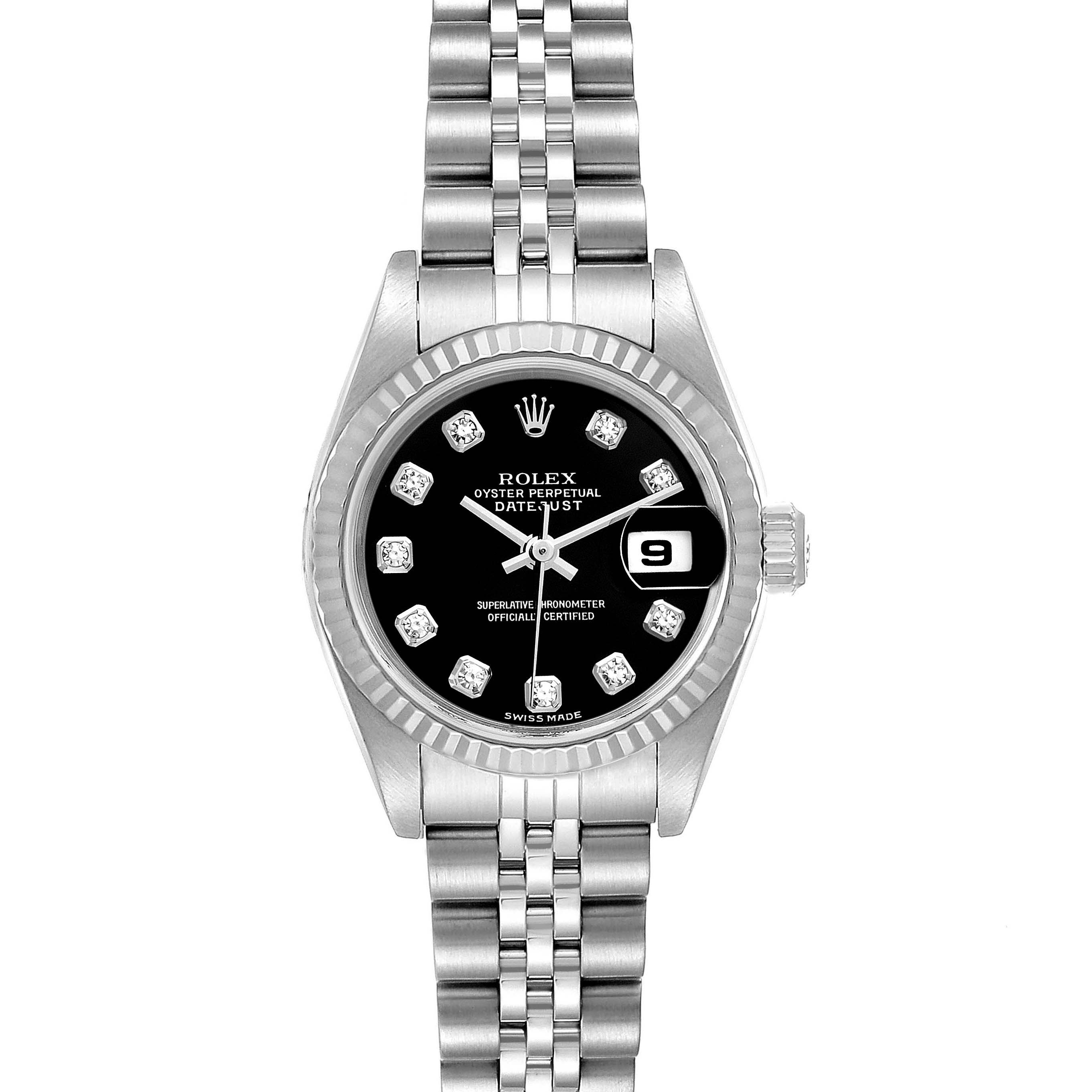 This Rolex Datejust 79174 Women's Stainless Steel Black Dial 79174 Women's Stainless Steel Black Dial watch is shown from the front, displaying the dial, bezel, crown, and bracelet.