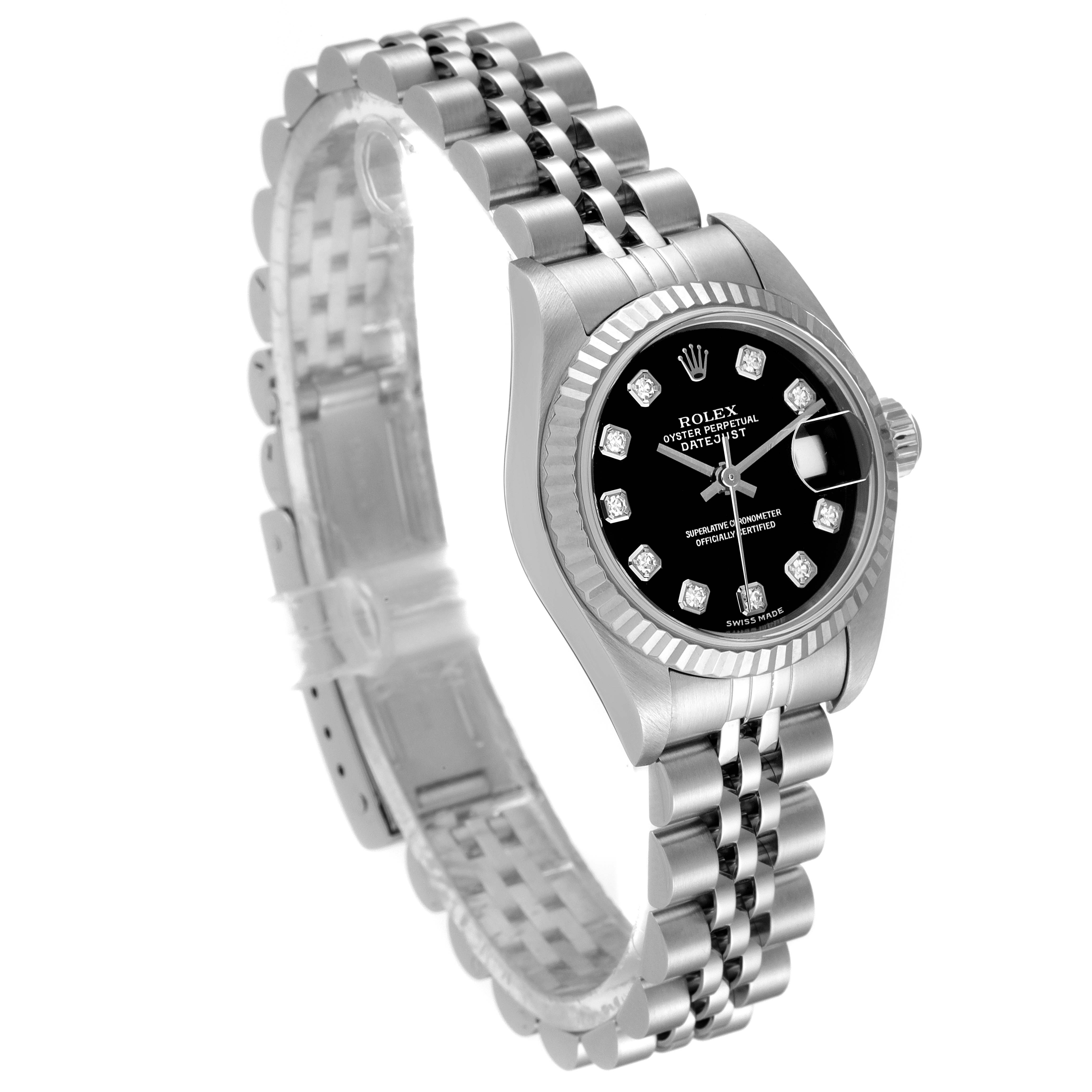 The image shows a Rolex Datejust 79174 Women's Stainless Steel Black Dial 79174 Women's Stainless Steel Black Dial watch at an angled side view, highlighting its face, bezel, and bracelet.