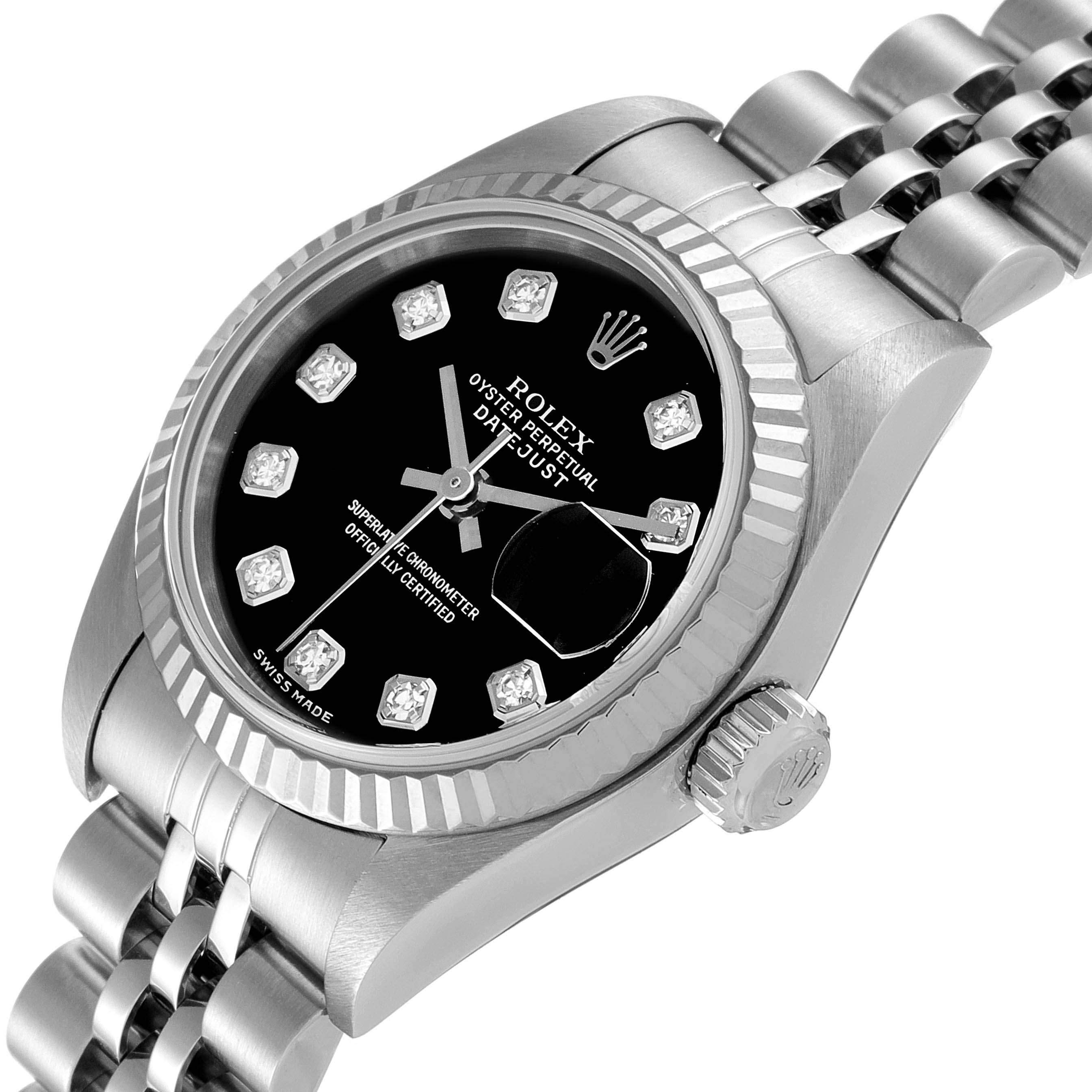 The image shows a close-up angled view of the Rolex Datejust 79174 Women's Stainless Steel Black Dial 79174 Women's Stainless Steel Black Dial watch, highlighting the black dial, bezel, and part of the bracelet.