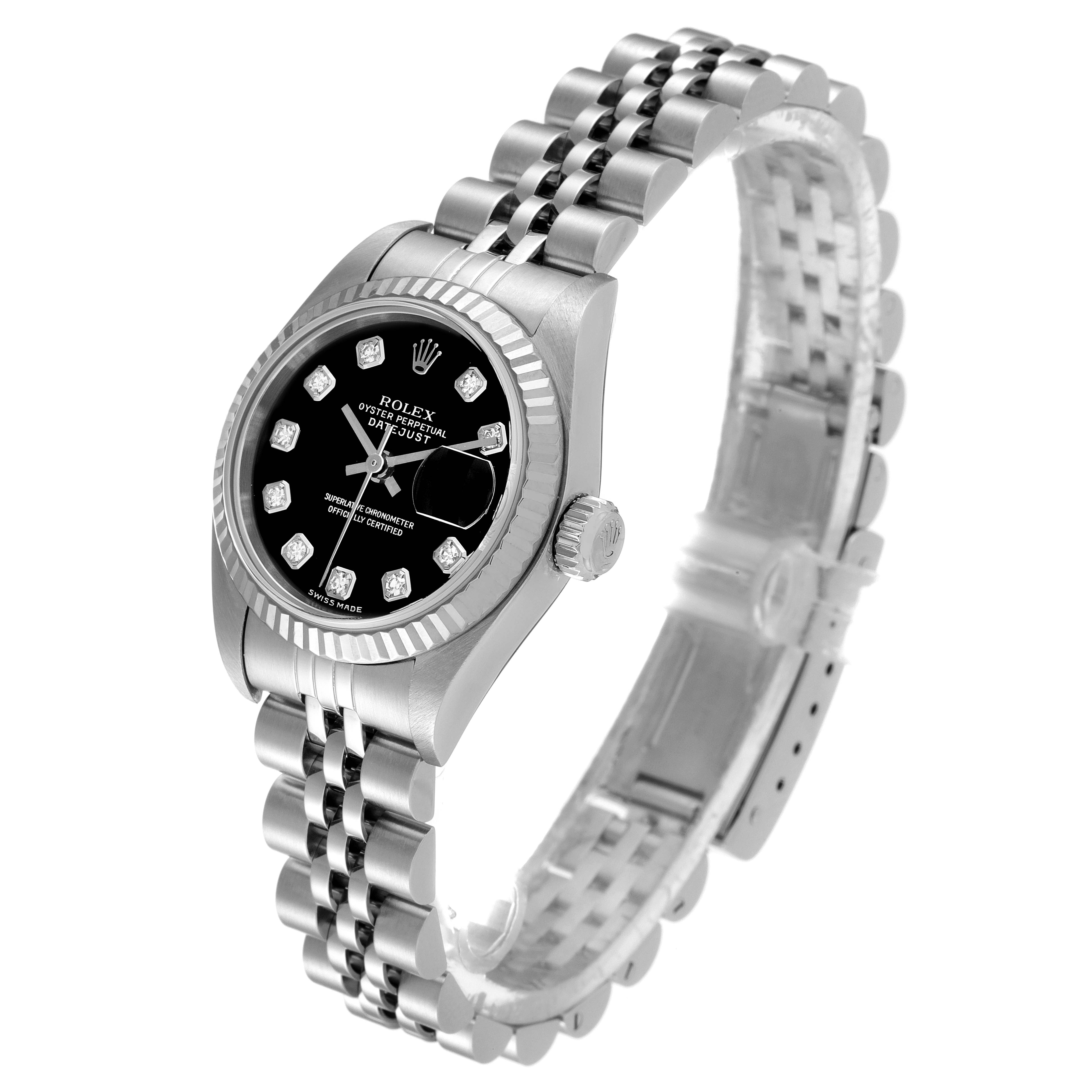 The image shows a Rolex Datejust 79174 Women's Stainless Steel Black Dial 79174 Women's Stainless Steel Black Dial watch angled to feature the face, bezel, crown, and bracelet.