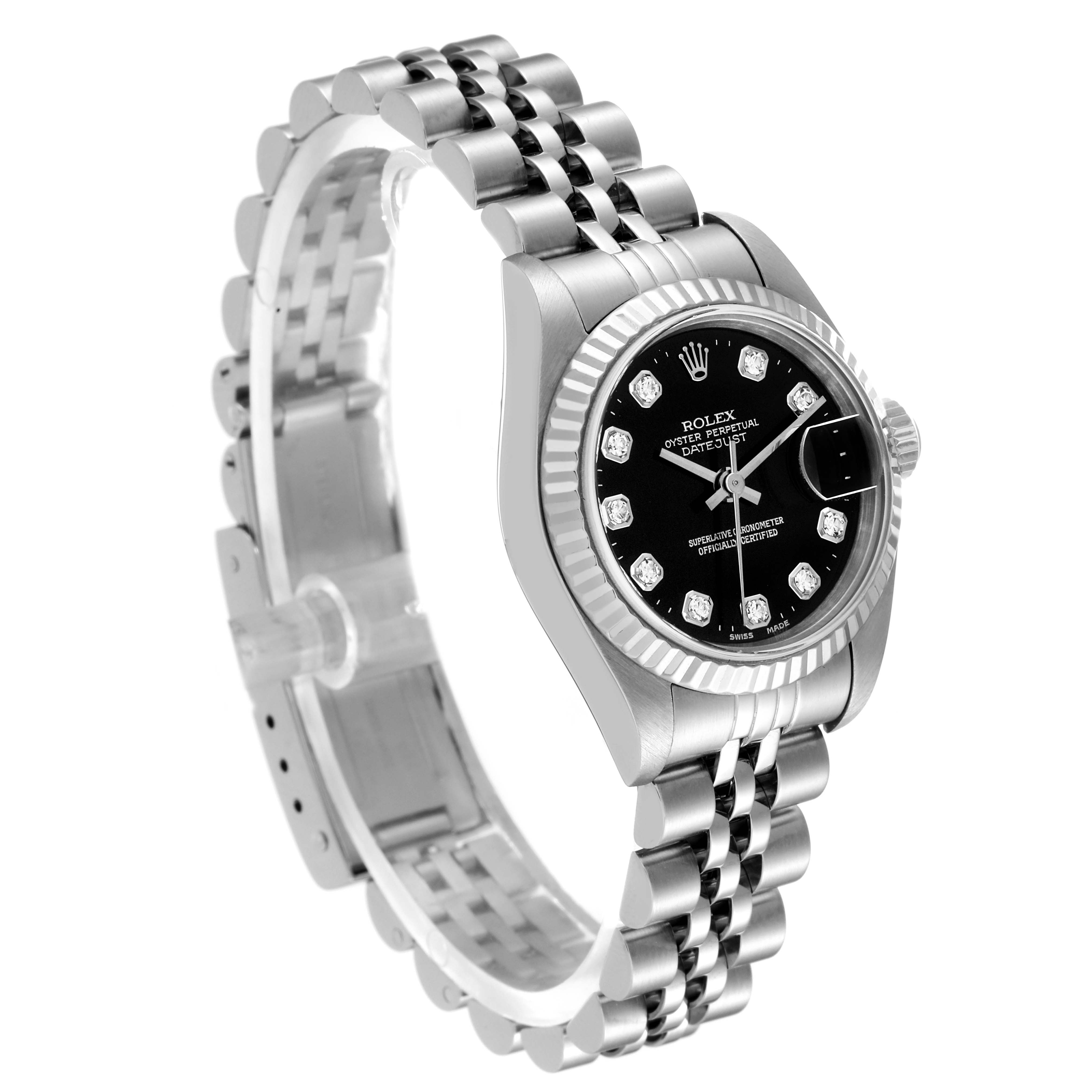 This image shows a Rolex Datejust 79174 Women's Stainless Steel Black Dial 79174 Women's Stainless Steel Black Dial watch at a slight angle, highlighting the dial, bracelet, and part of the case.