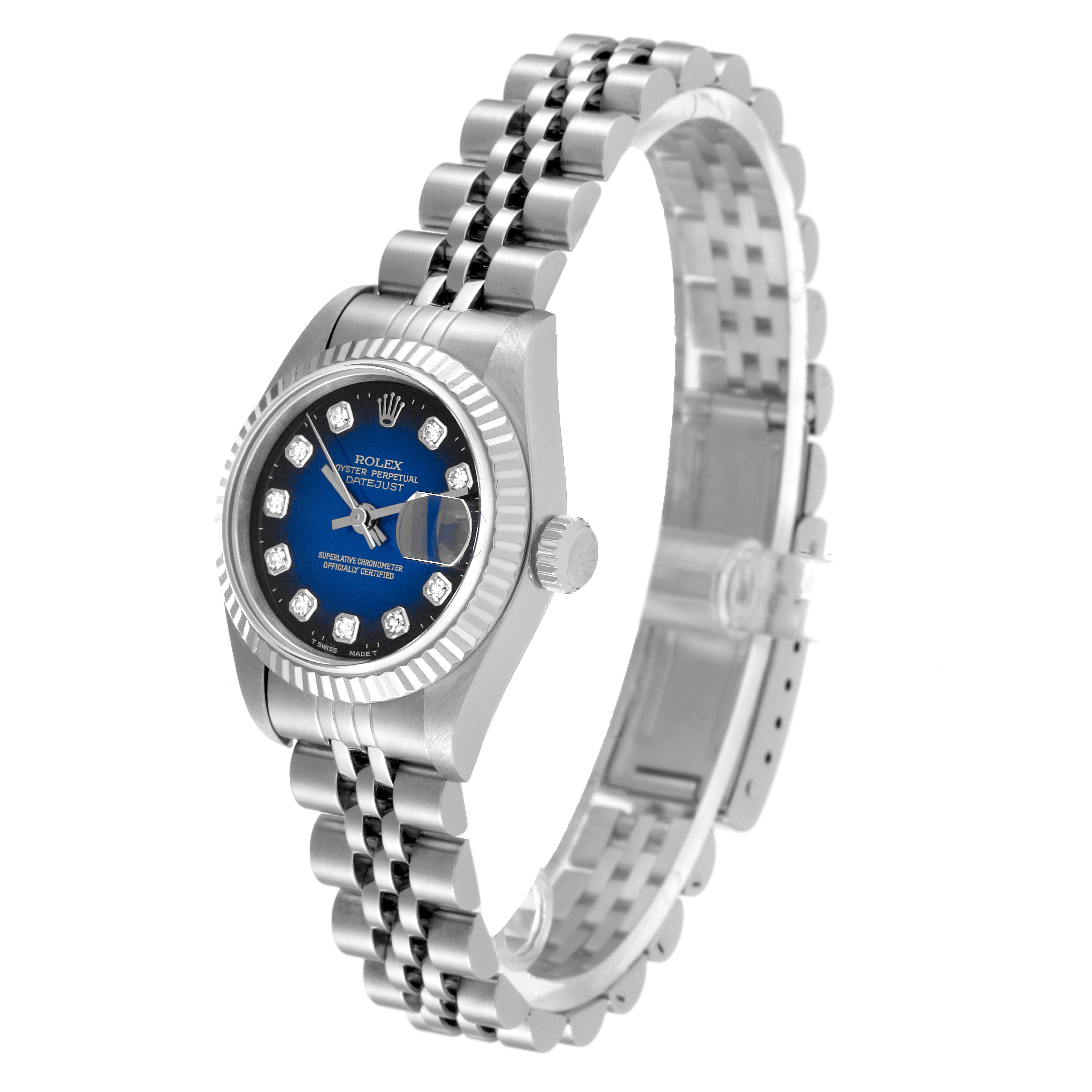 This image shows a Rolex Datejust 79174 Women's Stainless Steel Blue Dial 79174 Women's Stainless Steel Blue Dial watch at a three-quarter angle, highlighting the bracelet, dial, crown, and bezel.