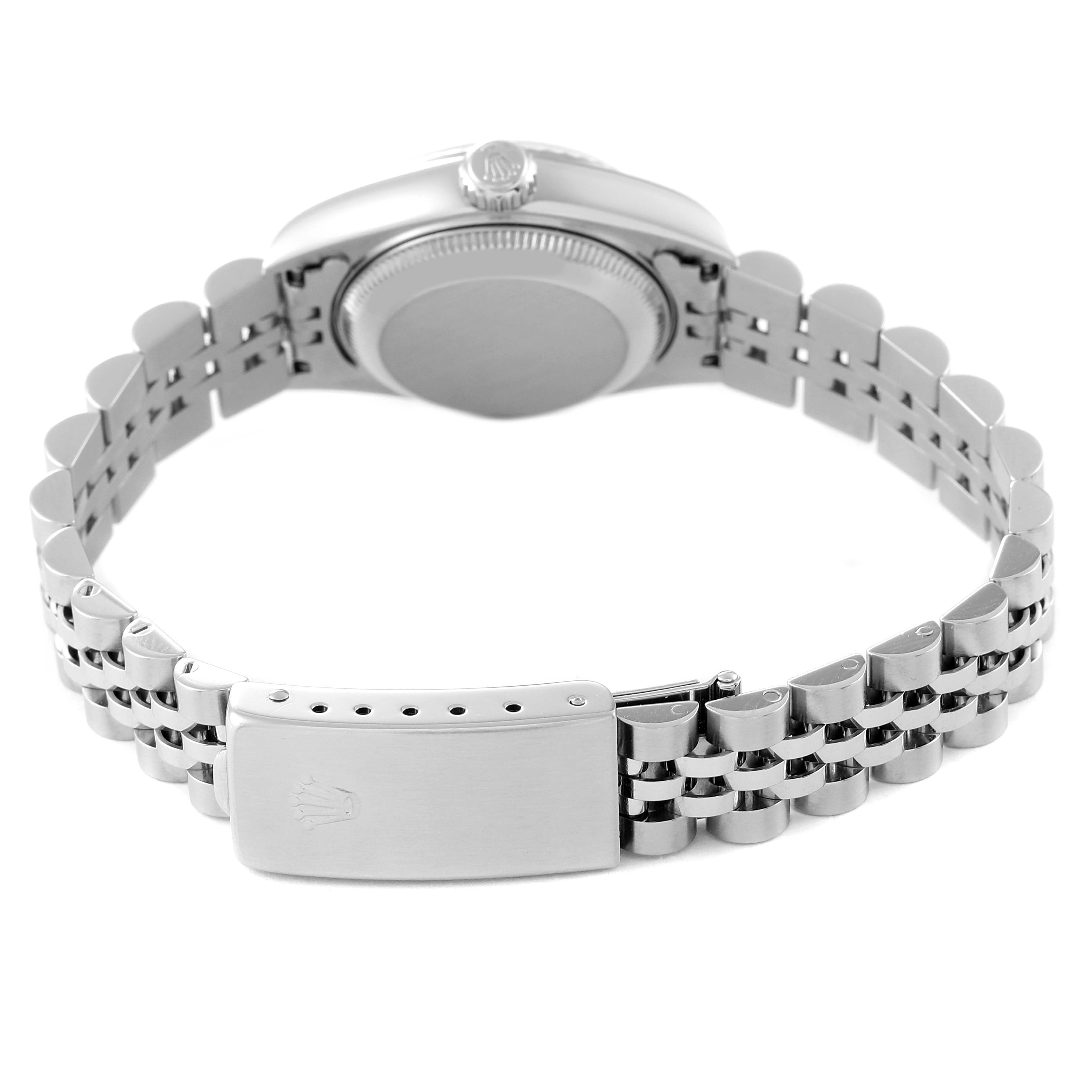 This image shows the back view of a Rolex Datejust 79174 Women's Stainless Steel Blue Dial 79174 Women's Stainless Steel Blue Dial watch, highlighting its bracelet, clasp, and case back.