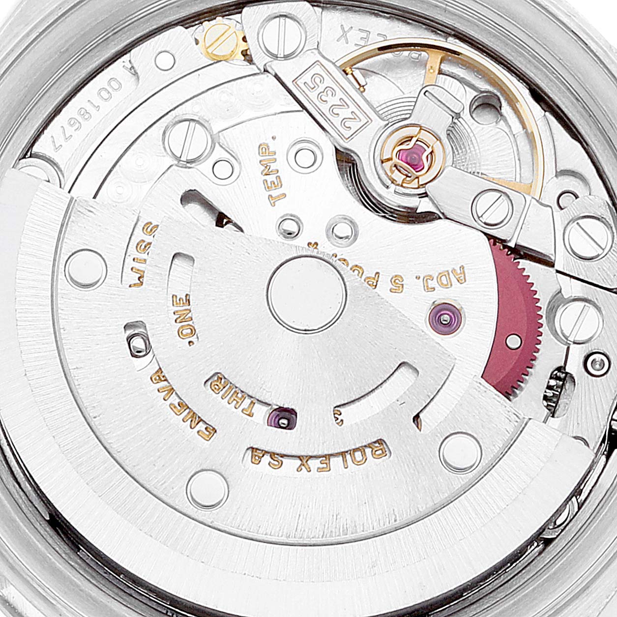 The image shows the internal mechanism of a Rolex Datejust 79174 Women's Stainless Steel Blue Dial 79174 Women's Stainless Steel Blue Dial watch from a top-down angle, highlighting its intricate components.