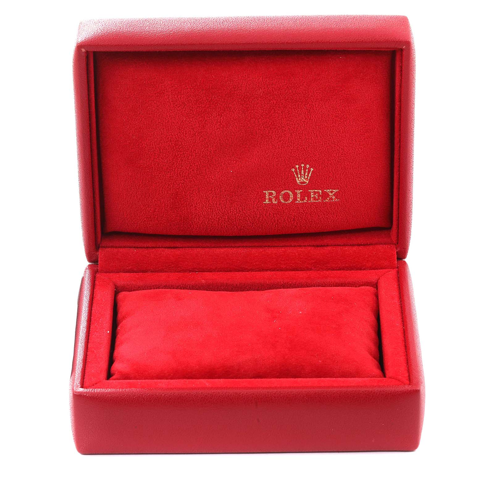 This image shows an open red Rolex watch box, without the Datejust model watch inside.
