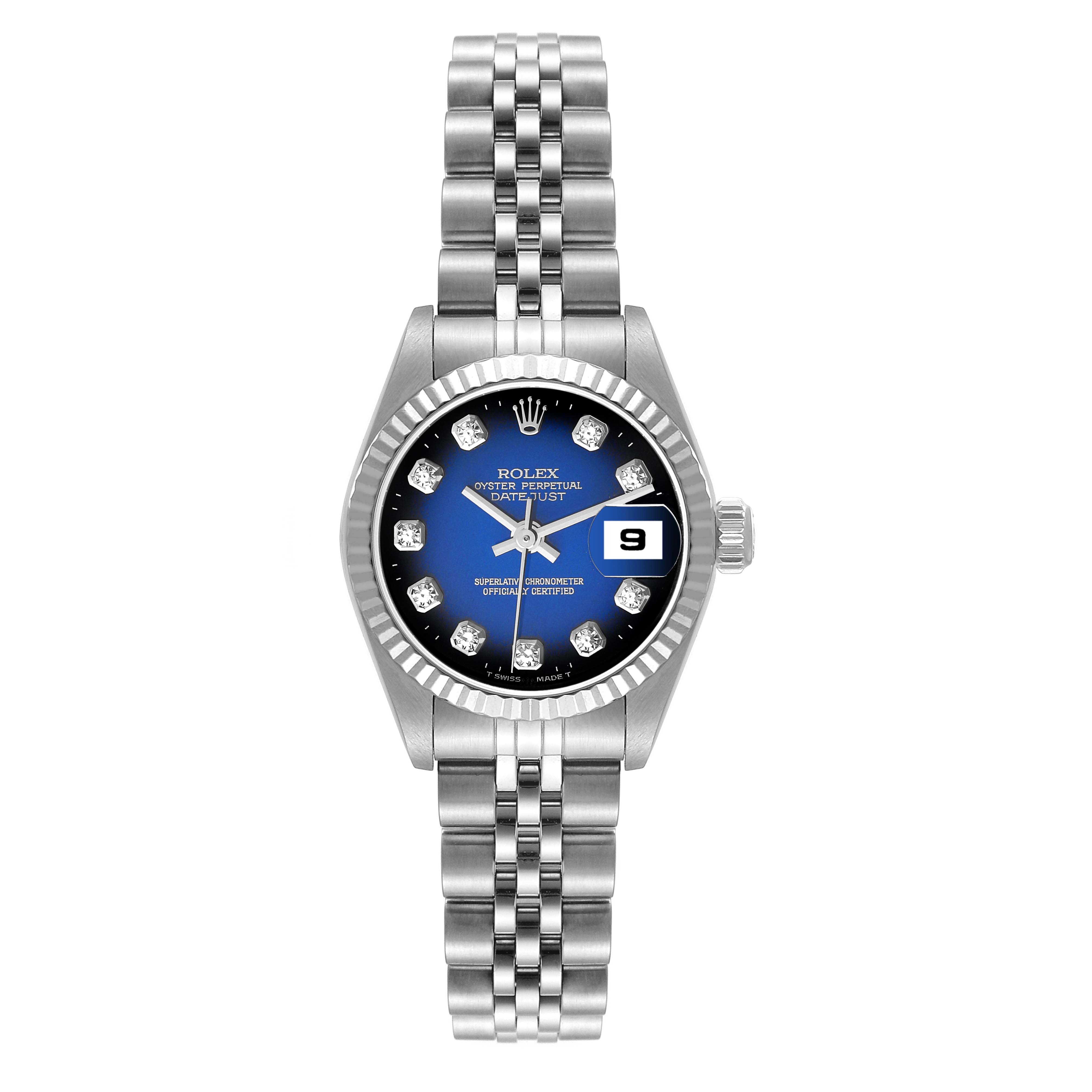 This Rolex Datejust 79174 Women's Stainless Steel Blue Dial 79174 Women's Stainless Steel Blue Dial watch is shown from a top-down angle, highlighting the dial, bezel, and bracelet.