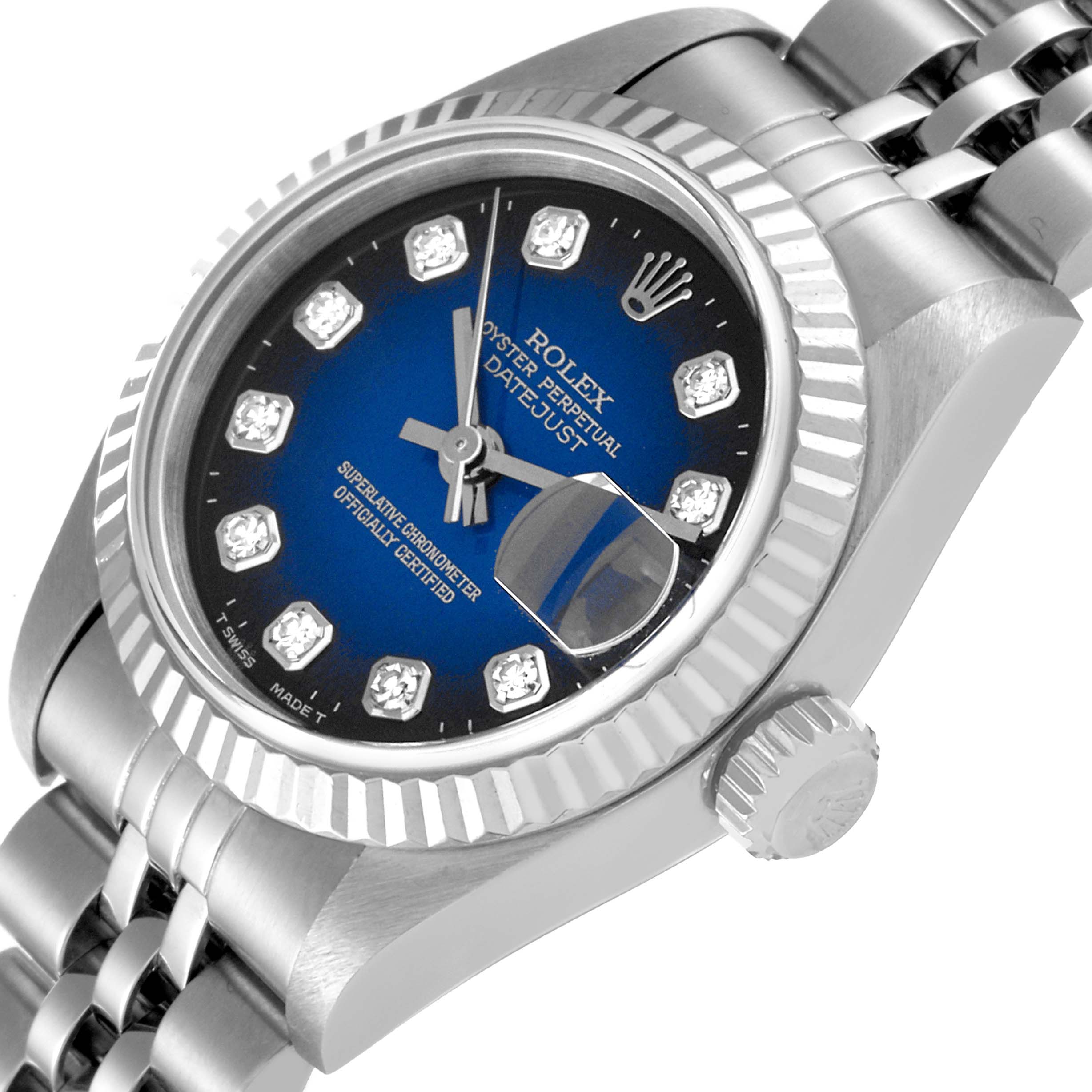 The image shows a close-up, slightly angled view of the Rolex Datejust 79174 Women's Stainless Steel Blue Dial 79174 Women's Stainless Steel Blue Dial watch, highlighting its face, bezel, and part of the bracelet.
