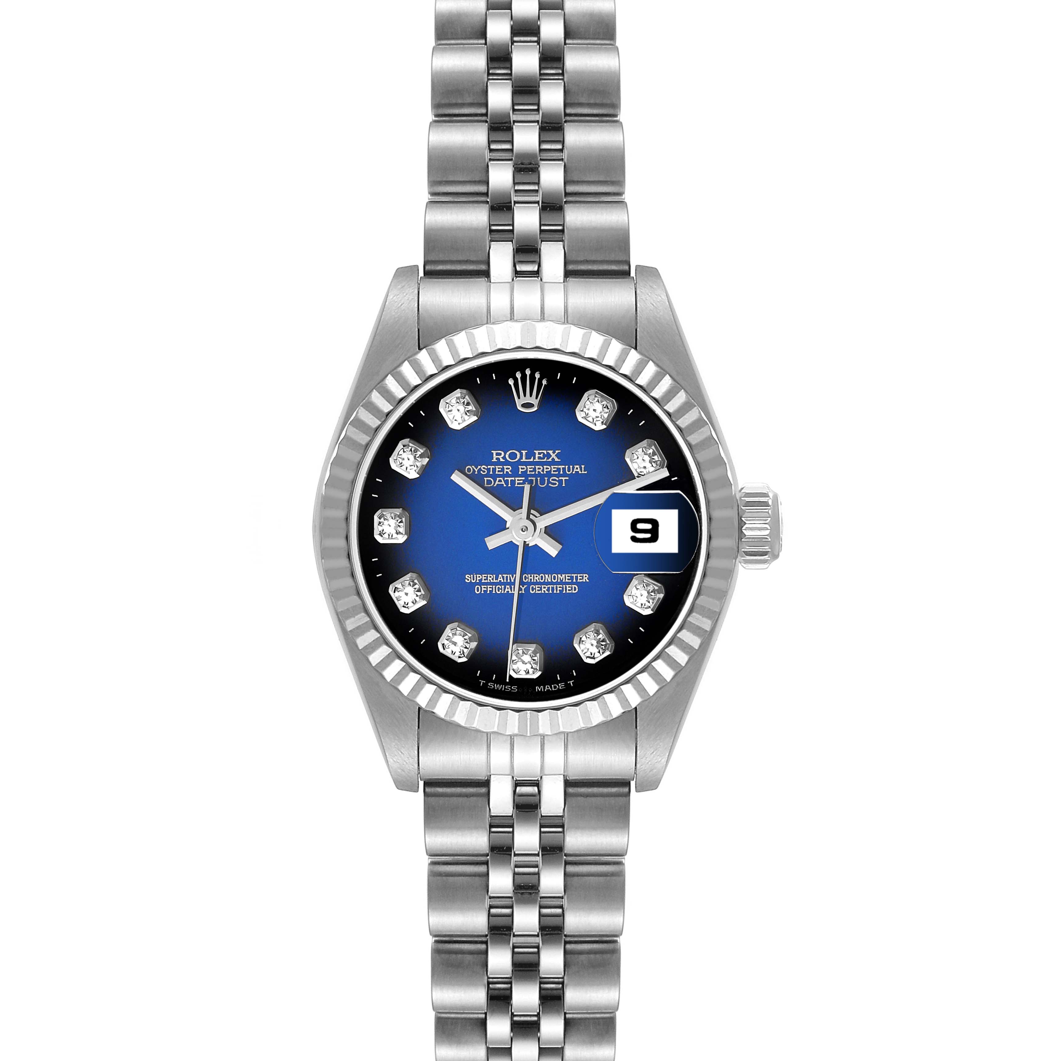 The image shows a front view of a Rolex Datejust 79174 Women's Stainless Steel Blue Dial 79174 Women's Stainless Steel Blue Dial watch, displaying its dial, bezel, bracelet, and date function.