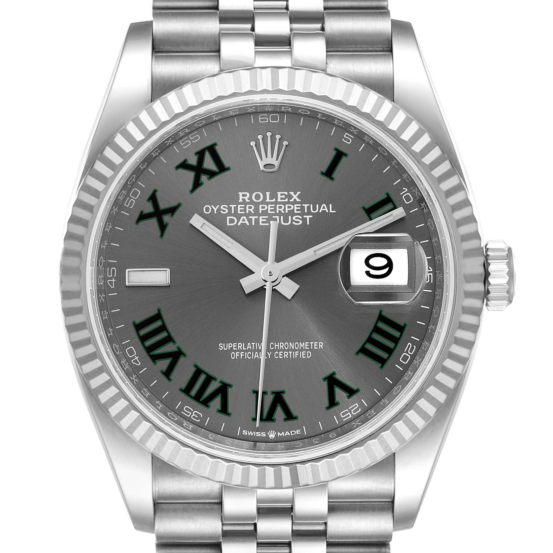 The image shows a front view of a Rolex Datejust 126234 Men's Stainless Steel Grey Dial 126234 Men's Stainless Steel Grey Dial watch, displaying the face, hands, date window, and part of the bracelet.