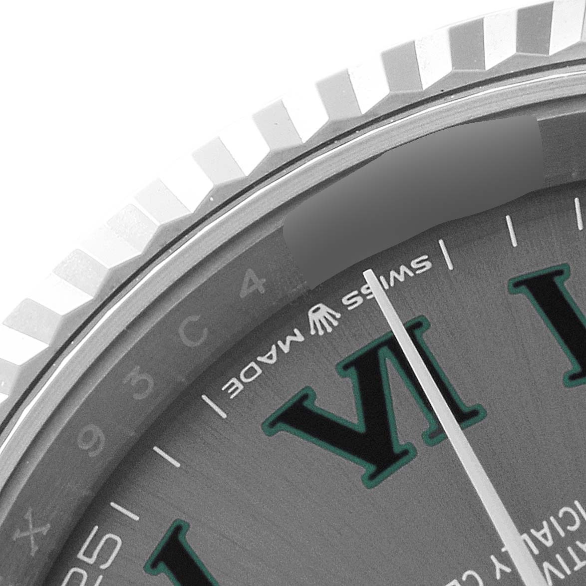 The image shows a close-up of the bezel, part of the dial, and minute hand of a Rolex Datejust 126234 Men's Stainless Steel Grey Dial 126234 Men's Stainless Steel Grey Dial watch.