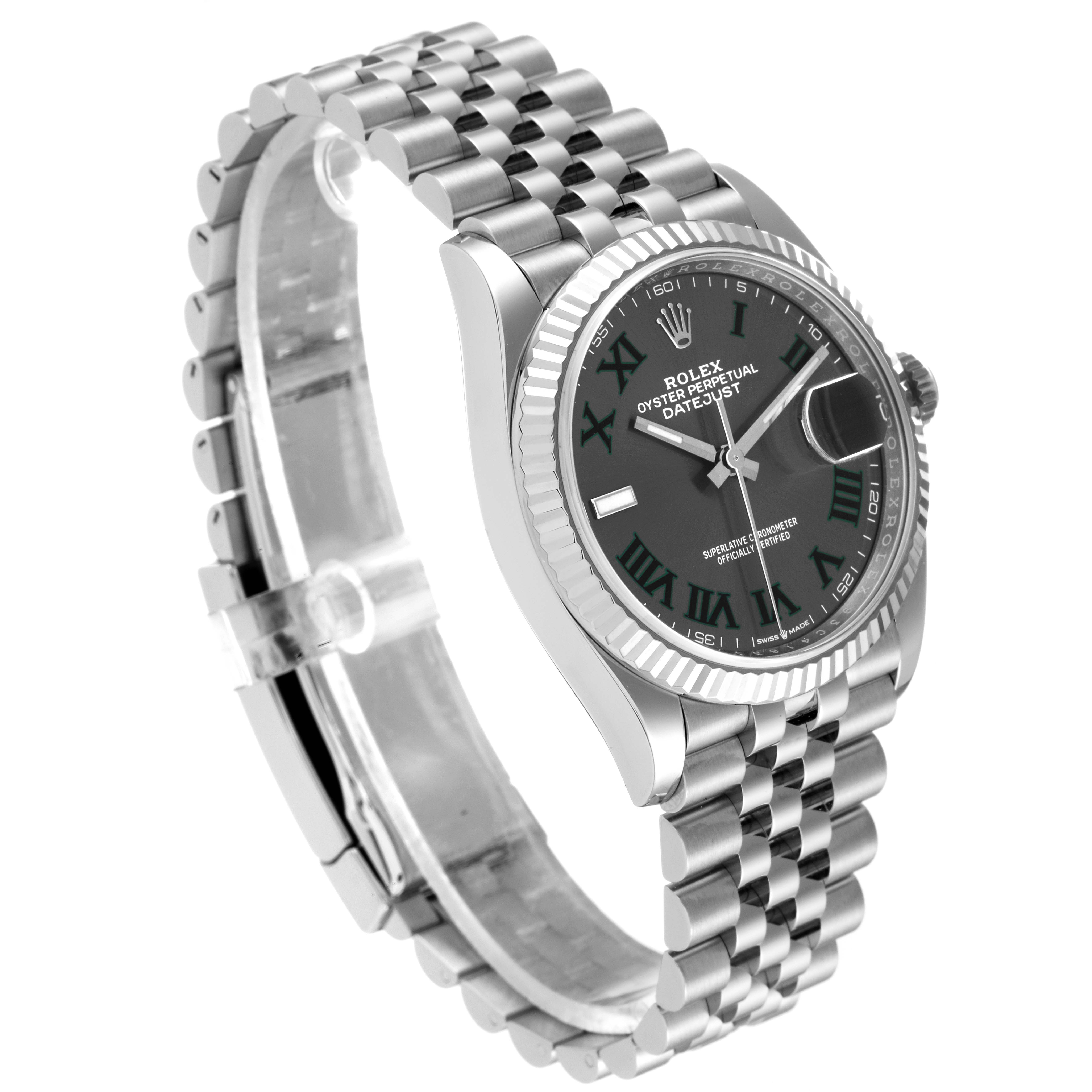 This image shows a Rolex Datejust 126234 Men's Stainless Steel Grey Dial 126234 Men's Stainless Steel Grey Dial watch from a front-side angle, highlighting the face, bezel, and metal bracelet.