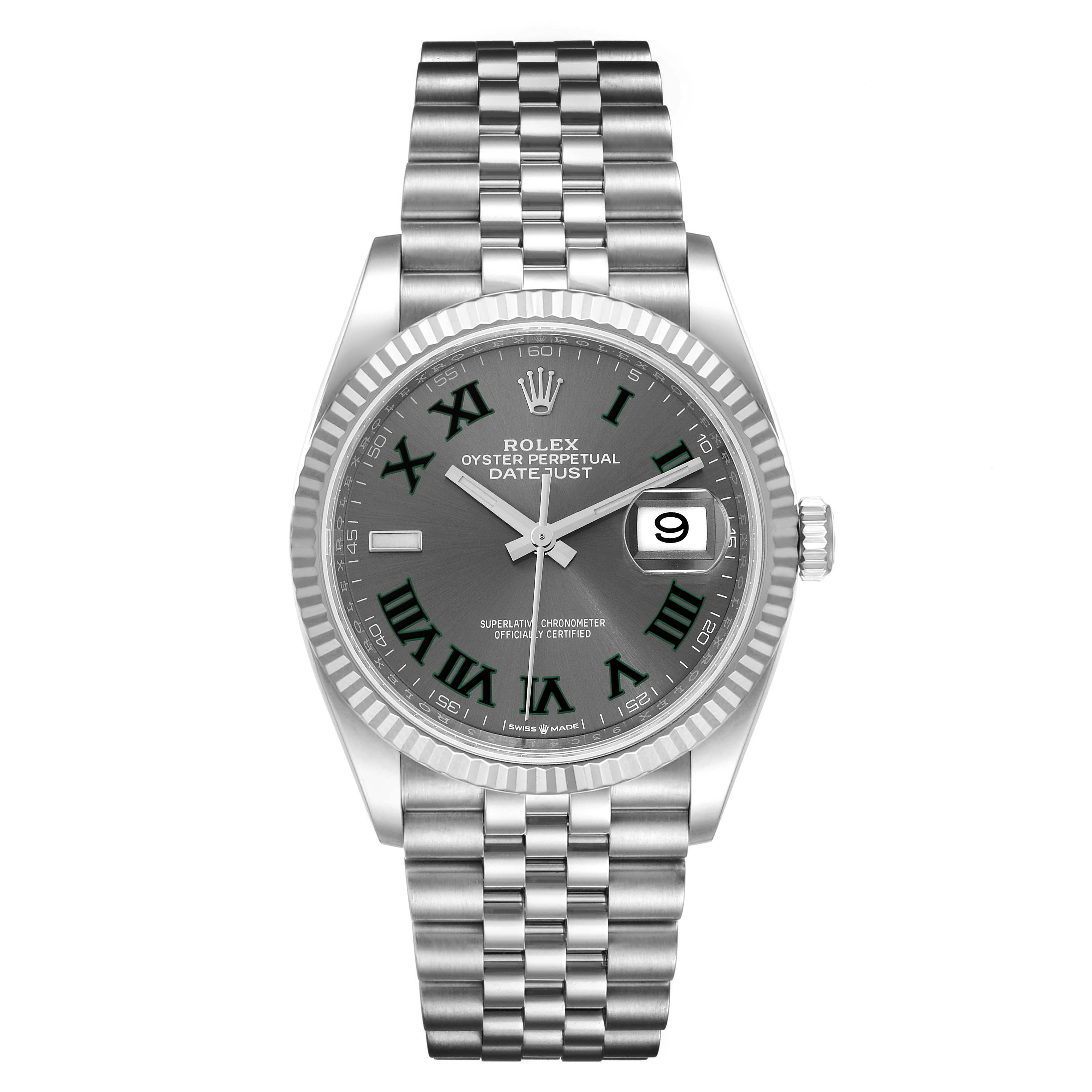 This image shows a front view of the Rolex Datejust 126234 Men's Stainless Steel Grey Dial 126234 Men's Stainless Steel Grey Dial watch, highlighting its grey dial, Roman numerals, and stainless steel bracelet.