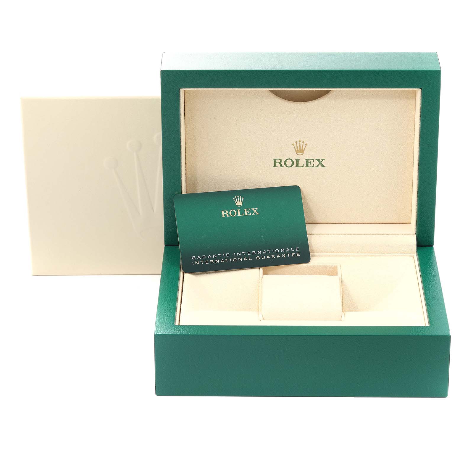 This image shows an open Rolex Datejust 126234 Men's Stainless Steel Grey Dial 126234 Men's Stainless Steel Grey Dial watch box with a green warranty card inside.