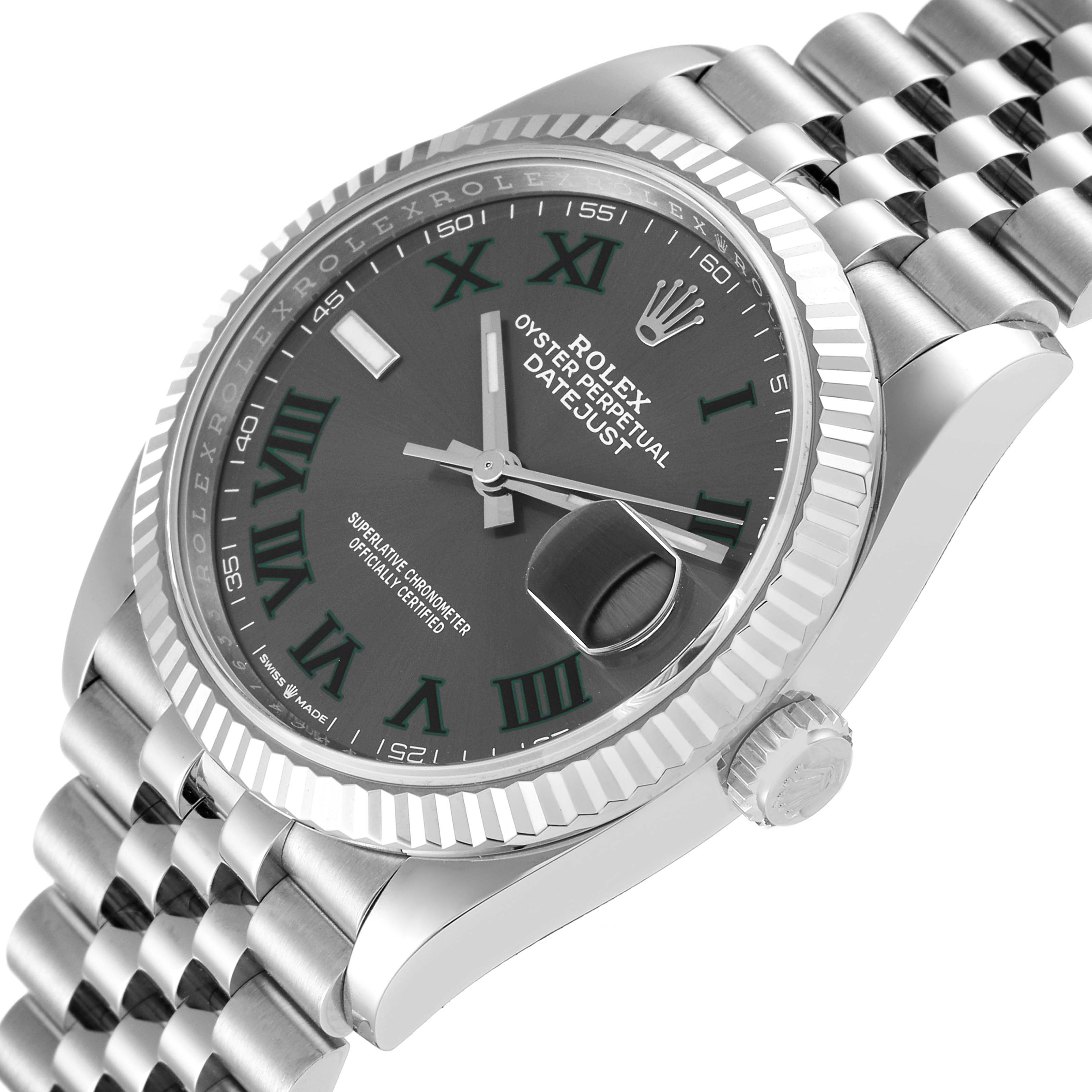 The image shows a Rolex Datejust 126234 Men's Stainless Steel Grey Dial 126234 Men's Stainless Steel Grey Dial watch at a slight angle, highlighting the face, bezel, crown, and part of the bracelet.