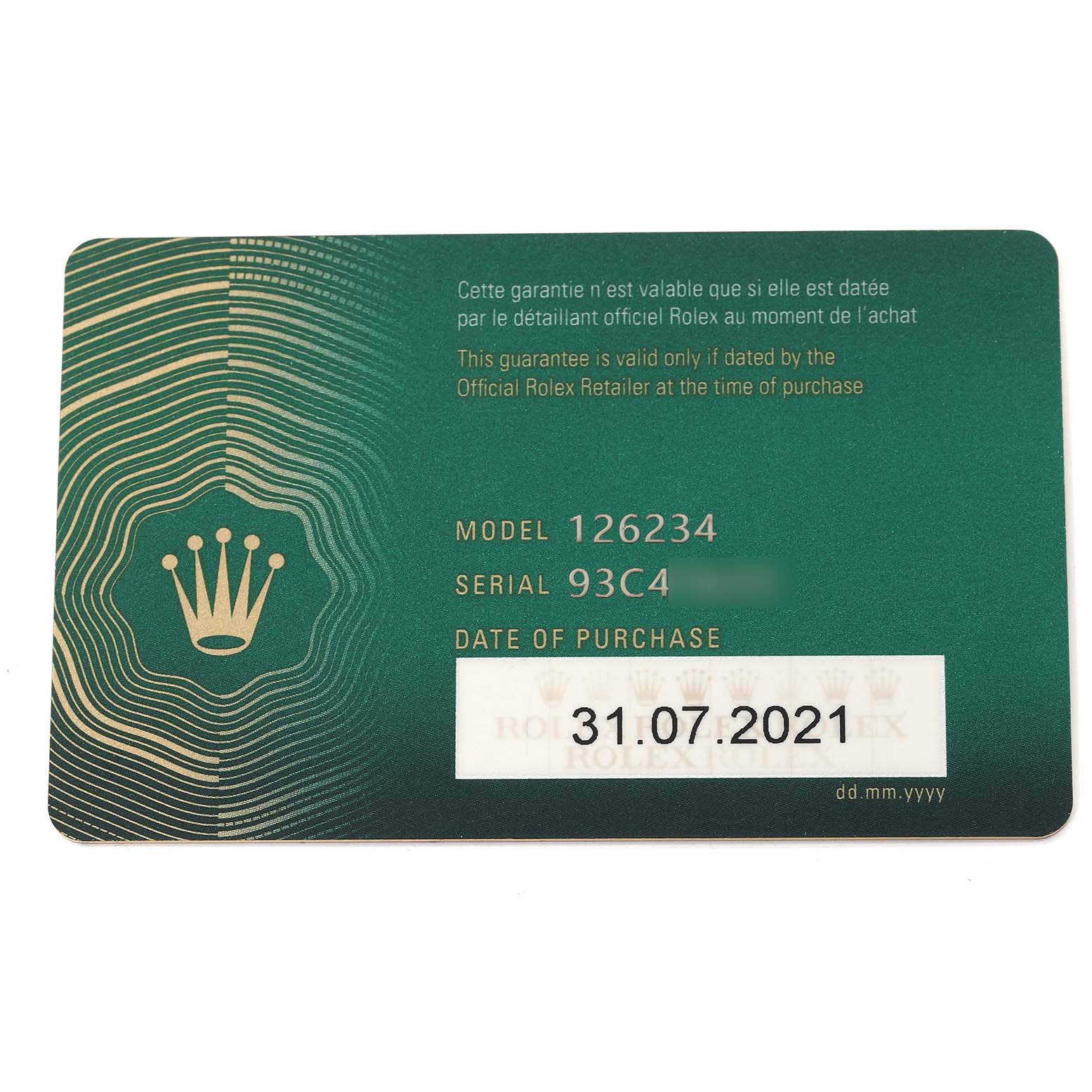 The image shows a Rolex Datejust 126234 Men's Stainless Steel Grey Dial 126234 Men's Stainless Steel Grey Dial model 126234 warranty card with purchase date and serial number displayed.